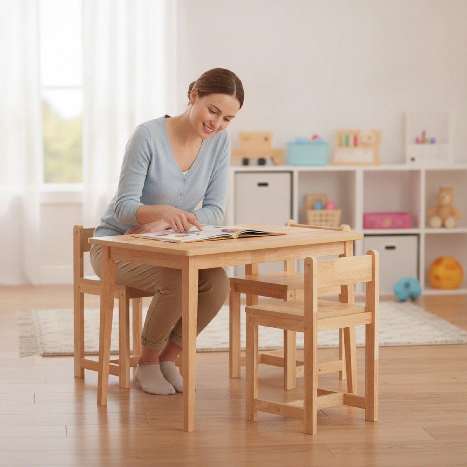 SUGIFT Kids Table and 4 Chairs Set, Natural Rubber Wood, 31.5-in Tabletop, 16-in Seats