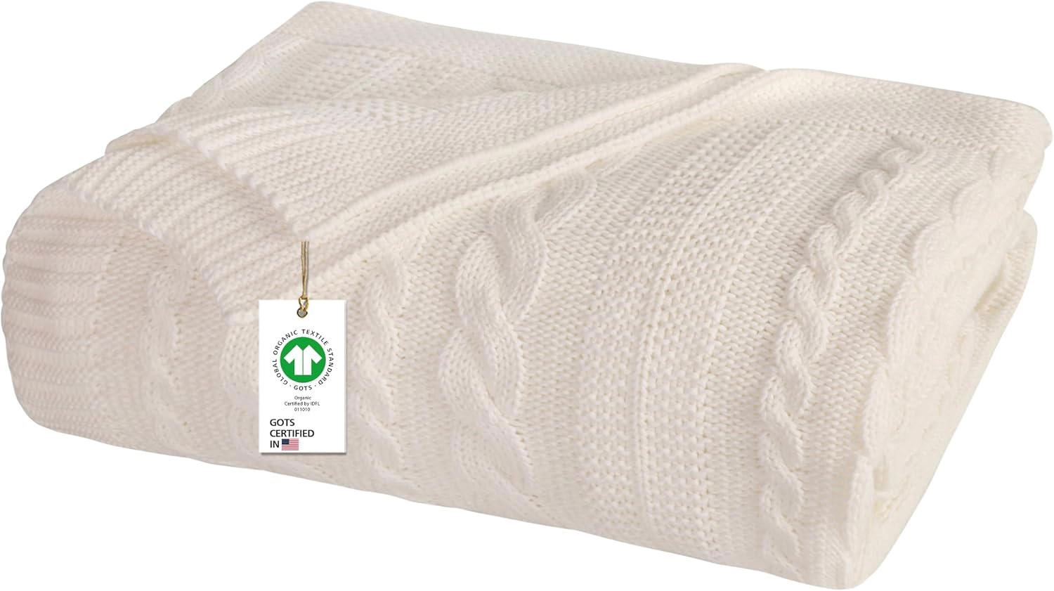 Delara Organic Cotton Cable Knit Throw Blanket, GOTS Certified, 50x70, Lightweight All-Season
