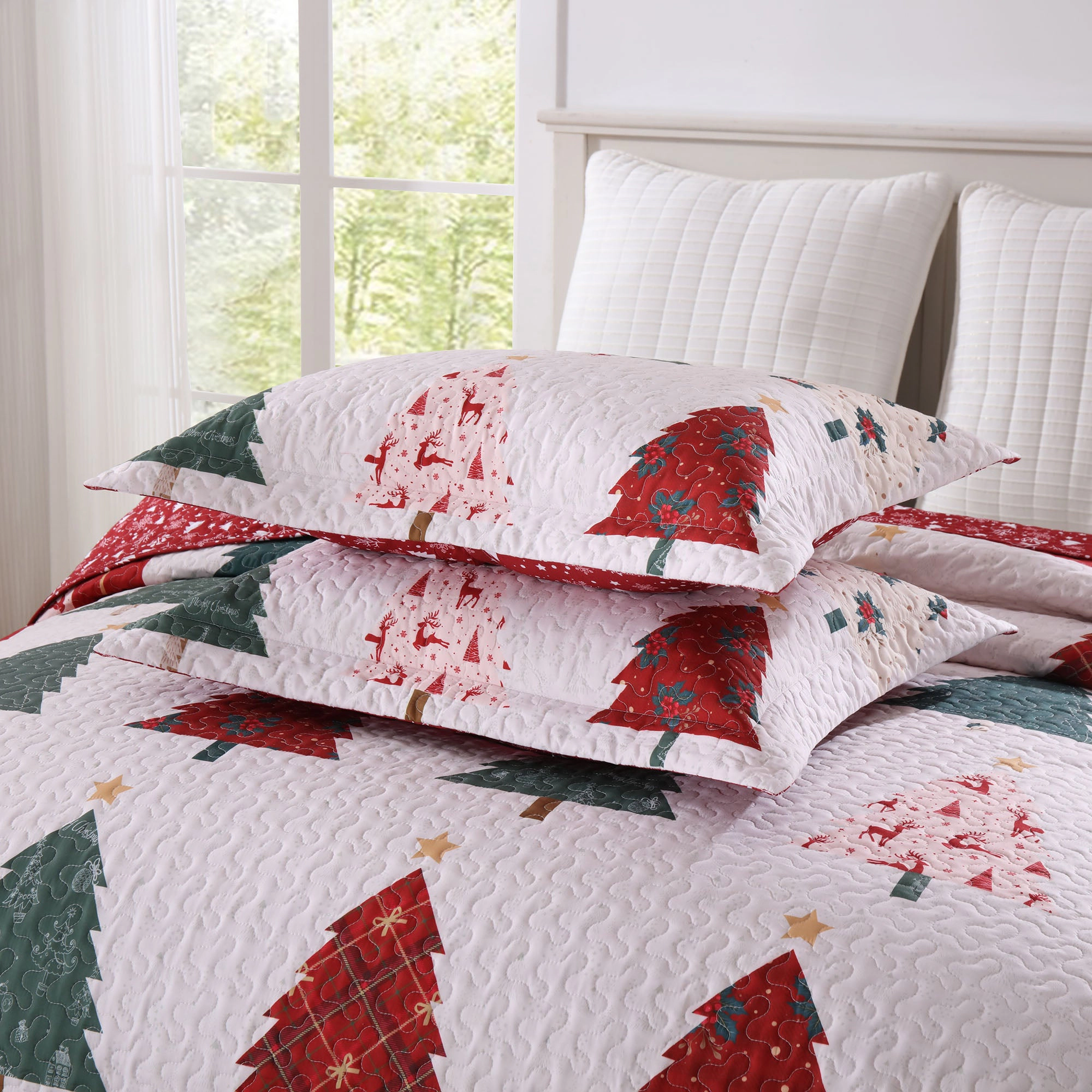 MarCielo 3 Pieces Christmas Theme Quilt Set - Holiday Forest Bedspread Set