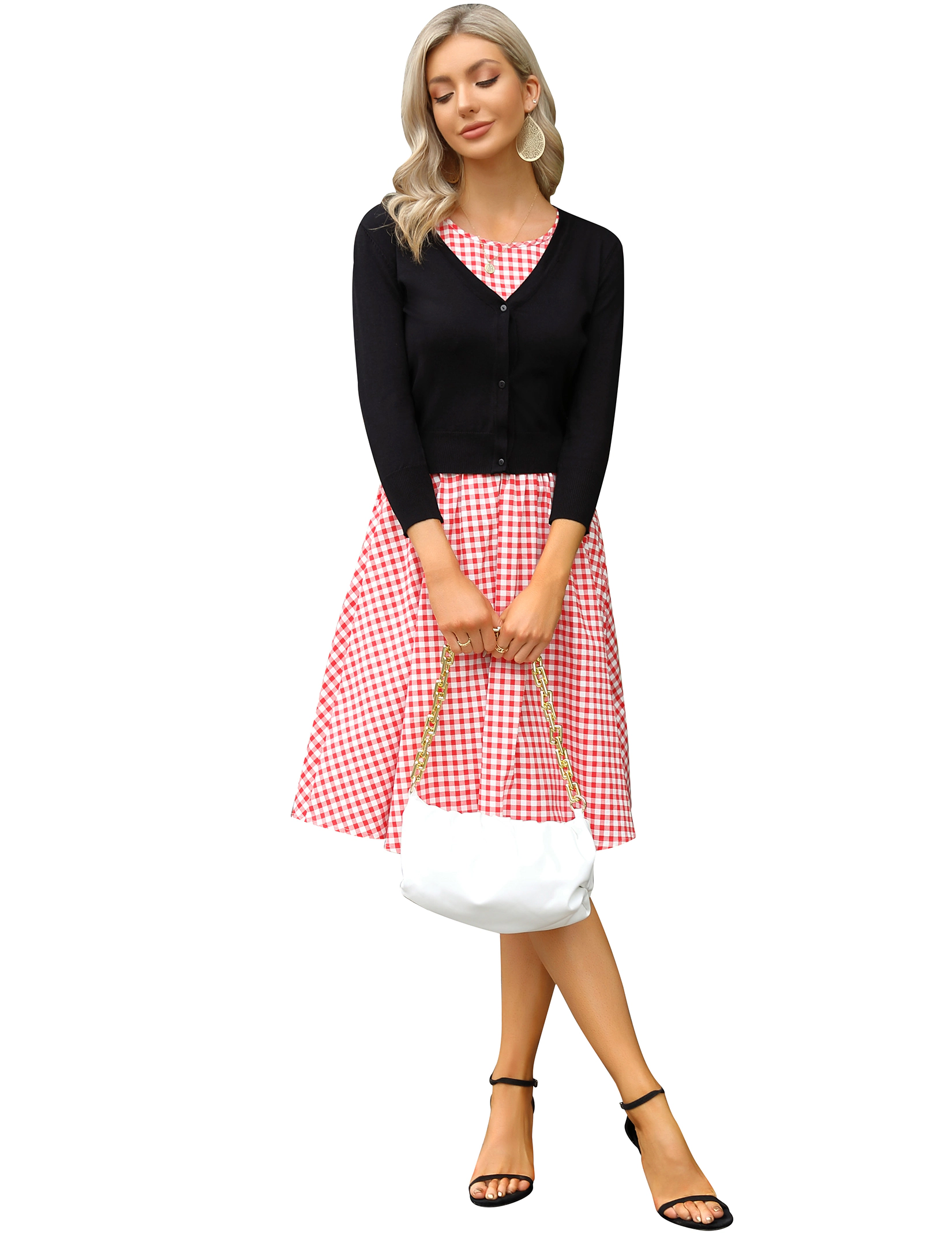 KOJOOIN Women's 3/4 Sleeve V-Neck Cardigan Button Front Slim Knit Cropped Length