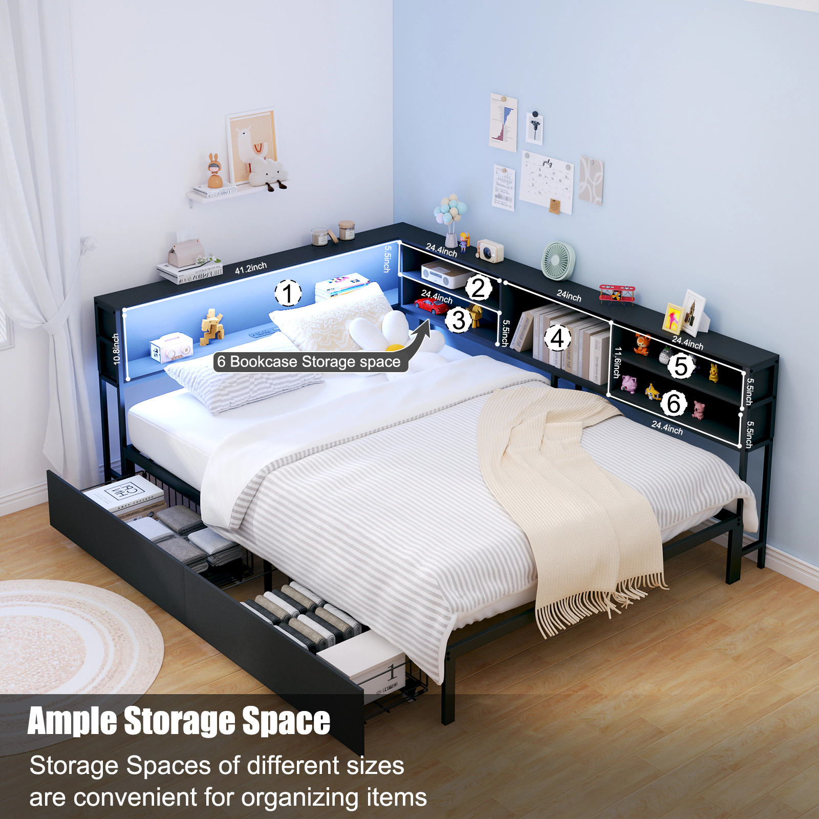 Flynama Full Corner Daybed with Storage, Bookcase Headboard, LED & Charging Station