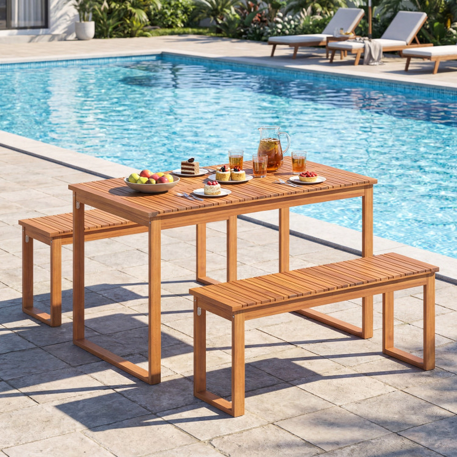 SUGIFT 49-in 165-lb Capacity Acacia Wood Outdoor Dining Table with Slatted Top and Metal Corner Braces