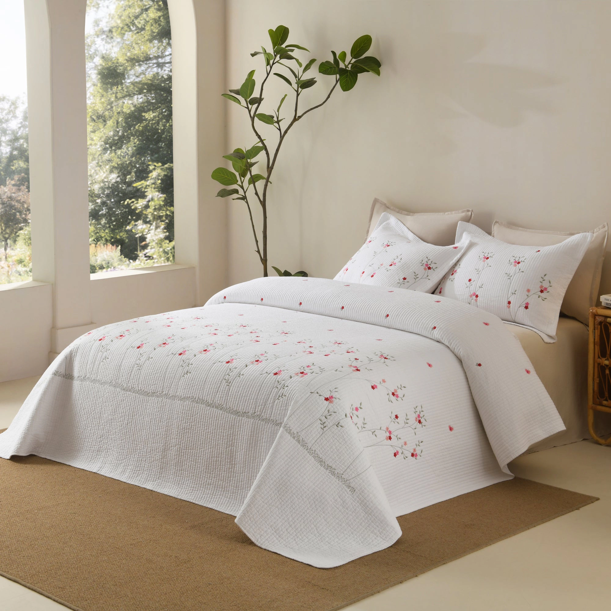 MarCielo 3 Pieces Cotton Floral Embroidered Quilt Bedspread Set,Luxury Bedding Set