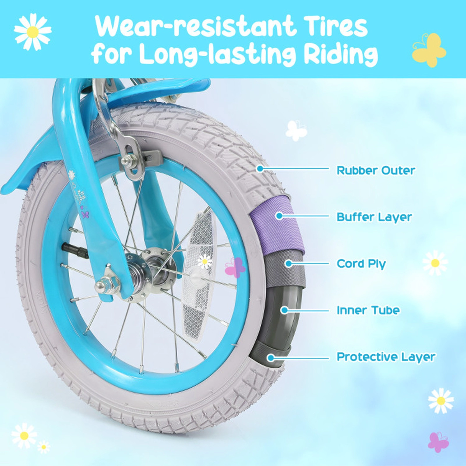 SUGIFT Adjustable Height 14-Inch Girls Bike with Front Bag and Streamers 110-lb Seat Capacity Ages 3-5 Blue