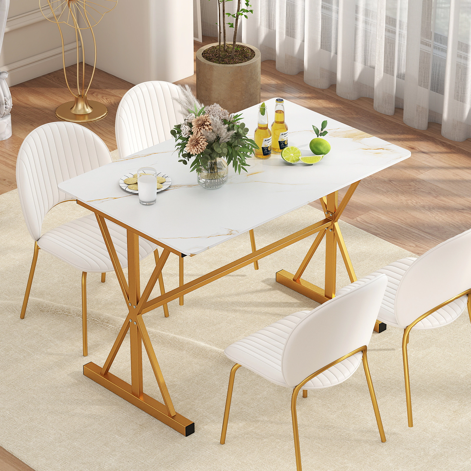 LJG 44 Inches Sintered Stone Dining Table with Metal Frame and Faux Marble Tabletop