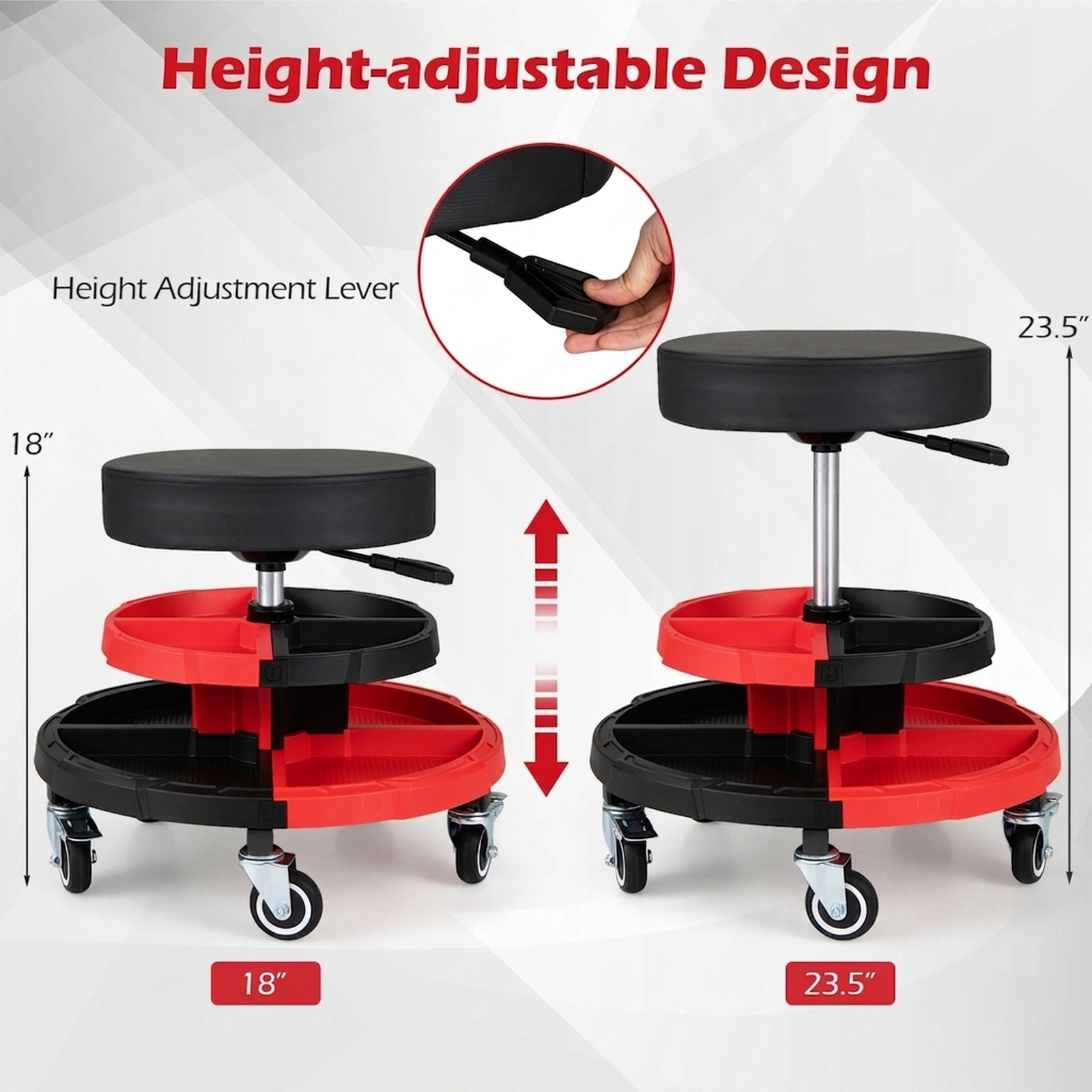 SUGIFT Adjustable Rolling Mechanic Stool with Cushioned Seat and Tool Storage Shelving 330-lb Capacity Red + Black