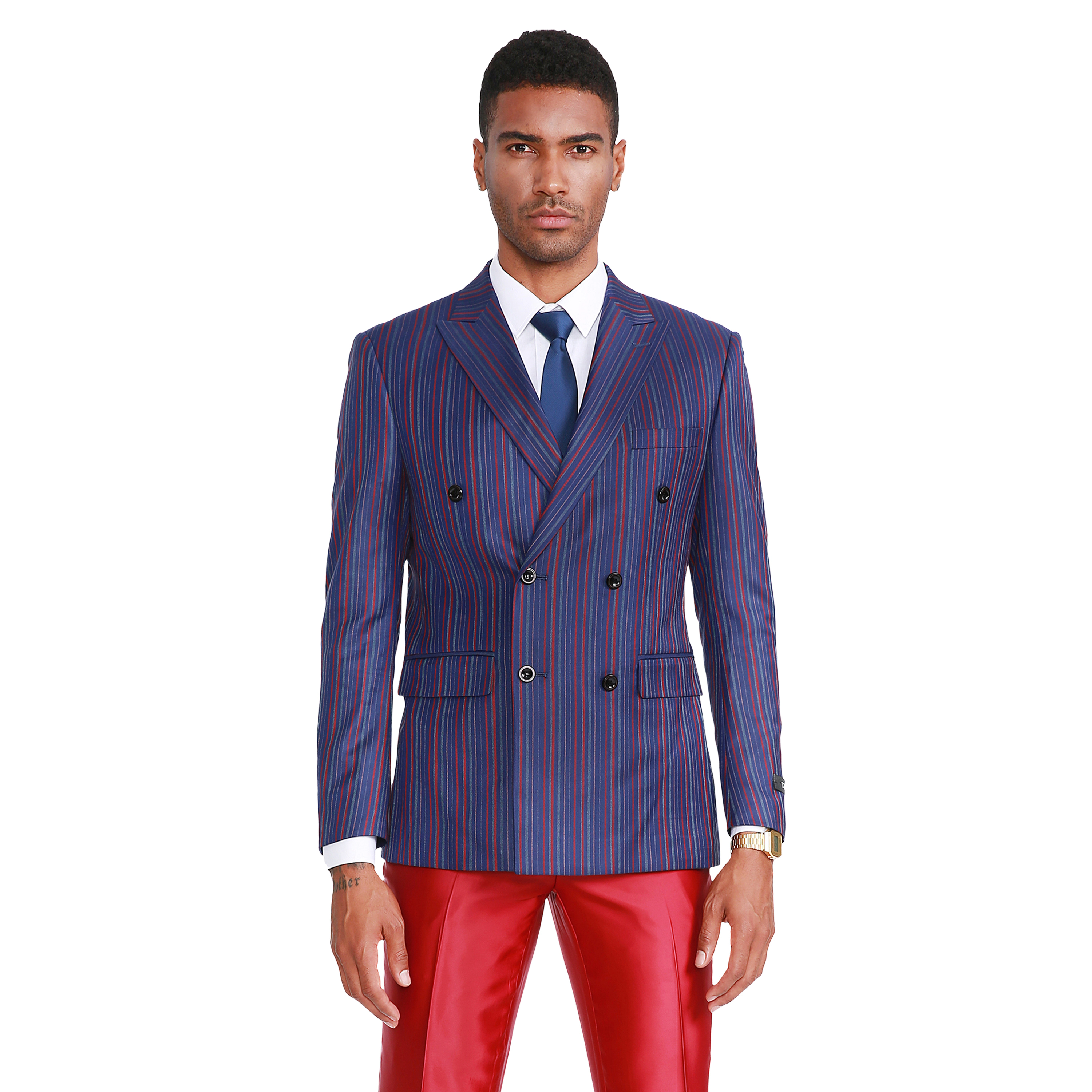 Tazzio Men's Double Breasted 2-Piece Suit Set, Fashion Pinstriped