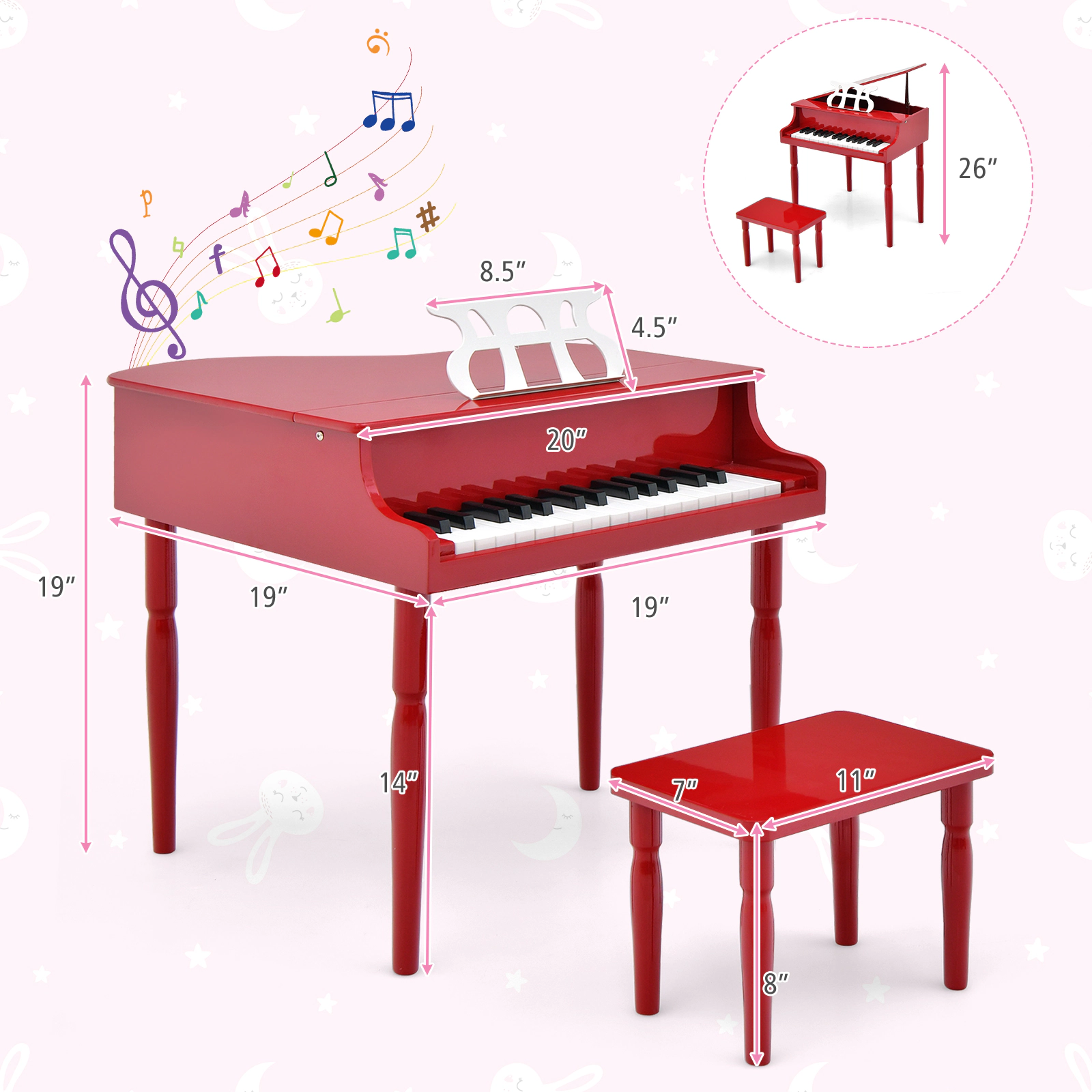 SUGIFT Kids Red 30-Key Wooden Toy Grand Piano with Bench and Music Rack 20-in W 19-in D 19-in H Ages 3-8