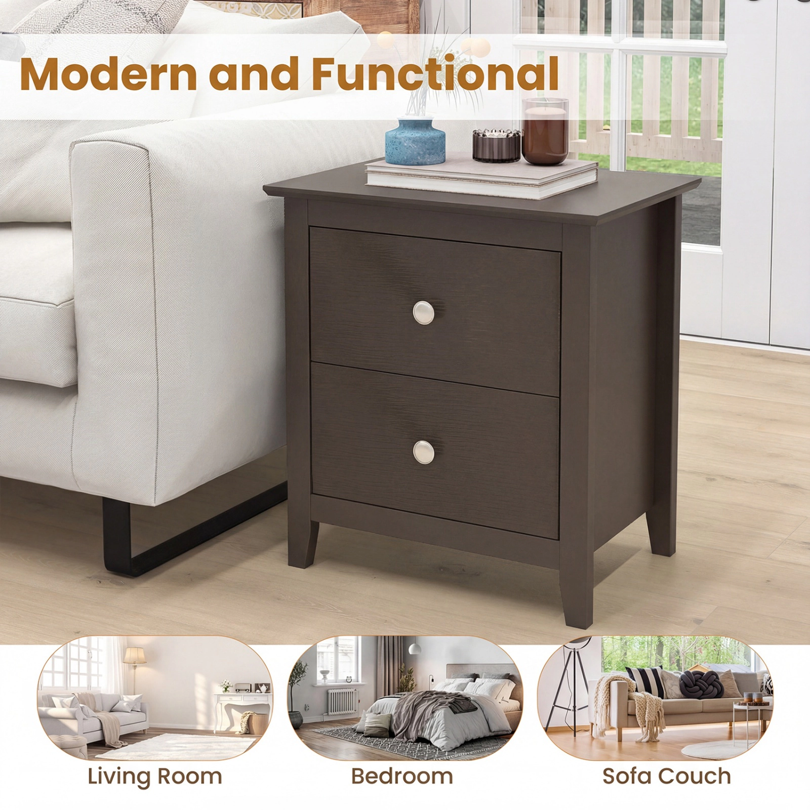 SUGIFT Modern Nightstand with 2 Drawers for Small Spaces End Table 44-lb Tabletop Capacity Black Natural White