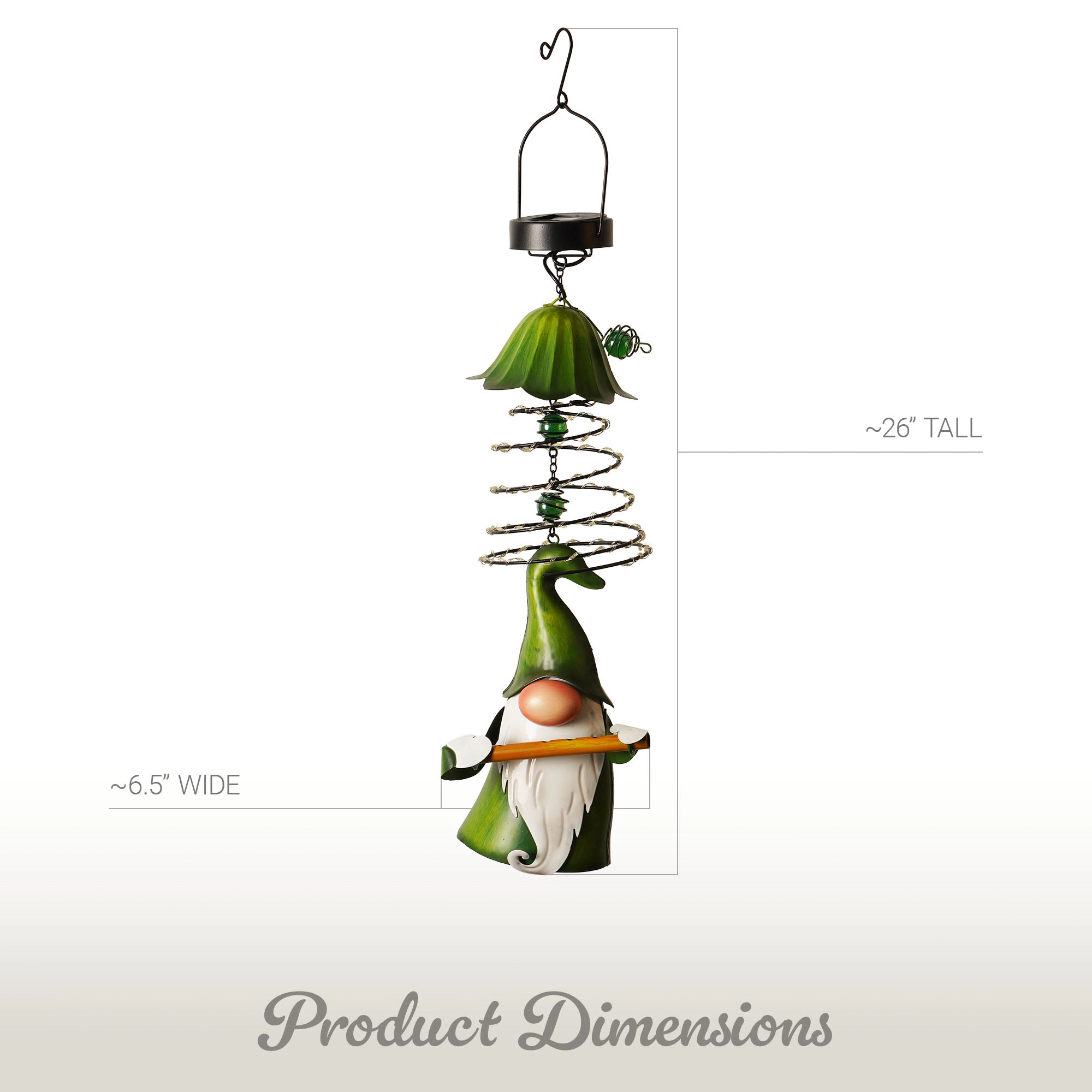 G128 Solar Hanging Gnome 26in, Green Hat, Color-Changing LEDs