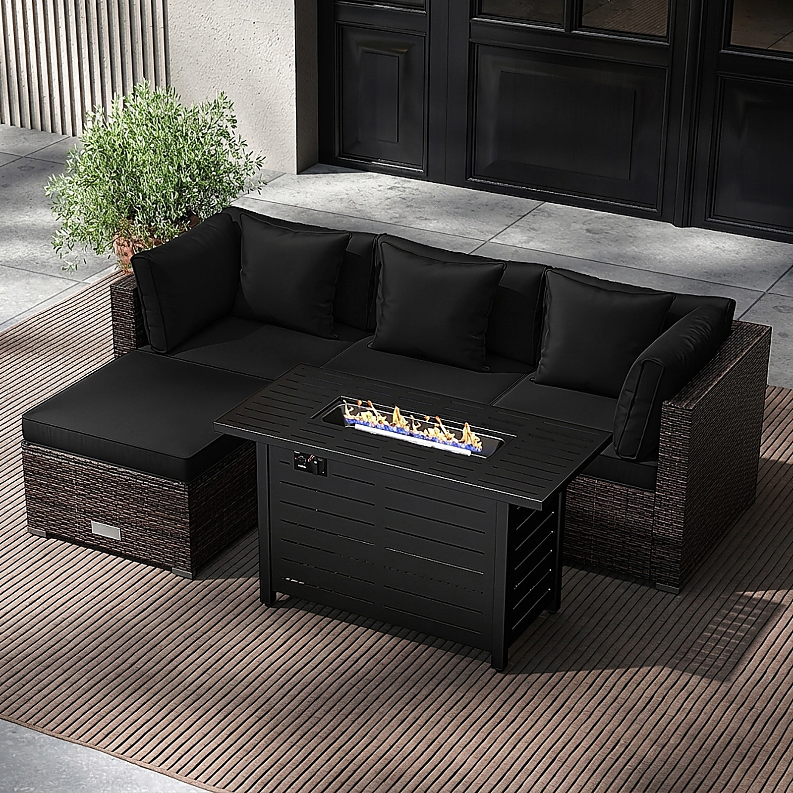 SUGIFT 5 Piece Patio Rattan Sofa Set Black with 60000 BTU Fire Pit Table