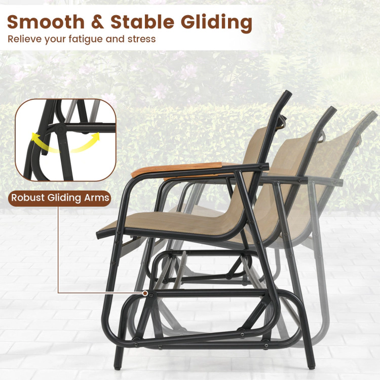 Hivvago Patio Glider Bench With Curved Teak Armrests And Breathable Fabric Seat For 3 People