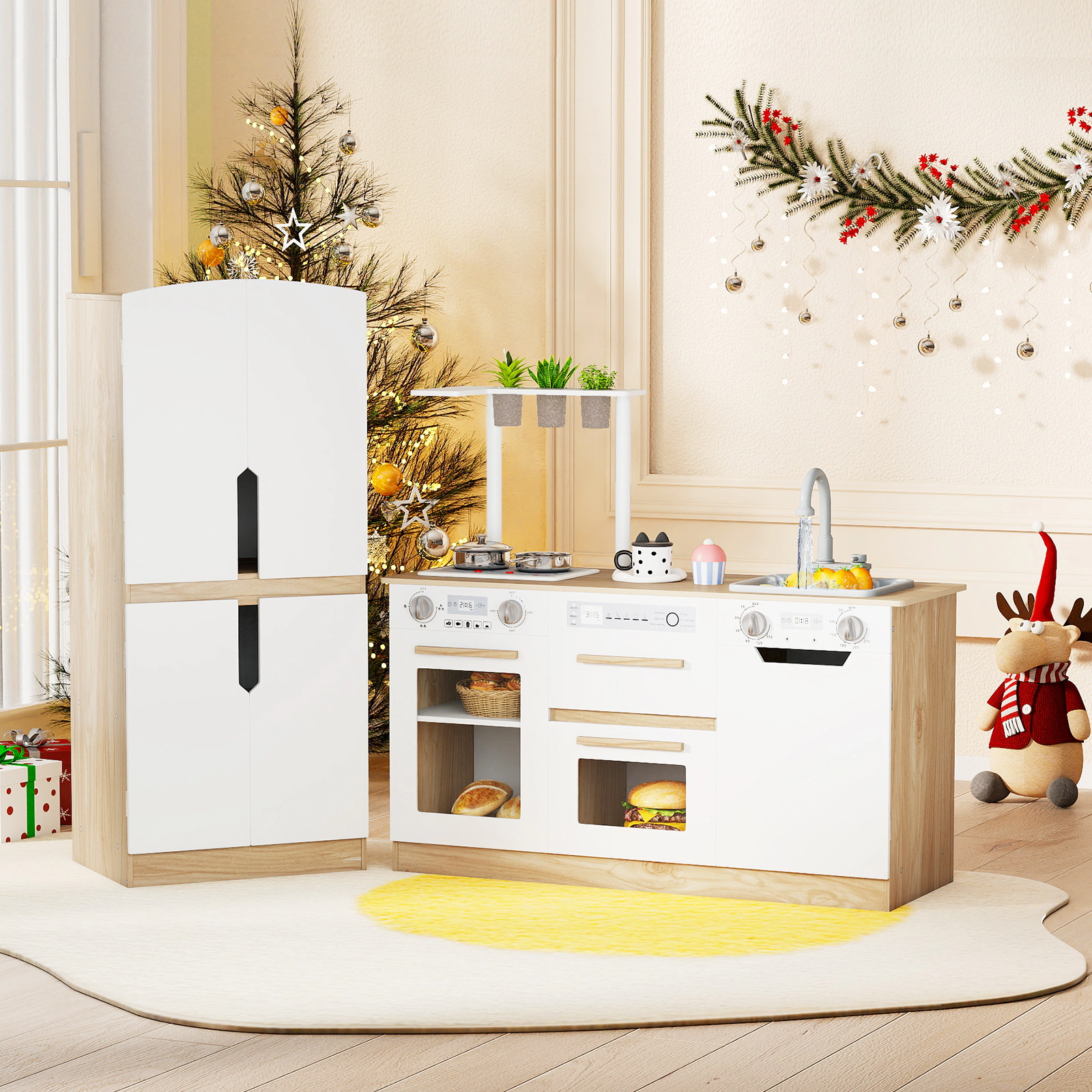 Wooden Play Kitchen for Toddlers Disinfection Cabinet 3 Planting Pots Fridge Tower 35.5-in Kitchen Set Ages 3+ Natural