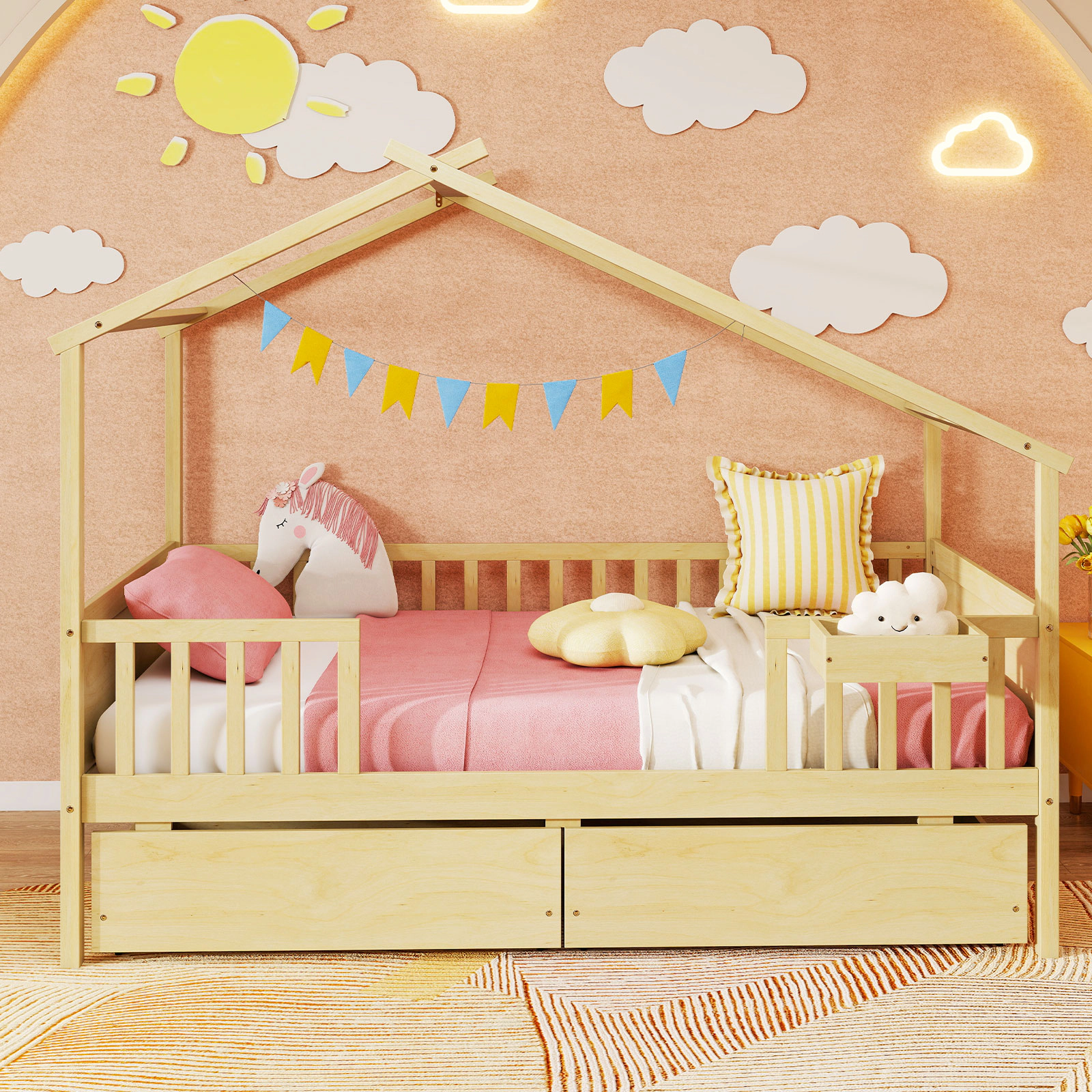LJG Twin House Bed with 2 Storage Drawers and Roof & Fence Rails
