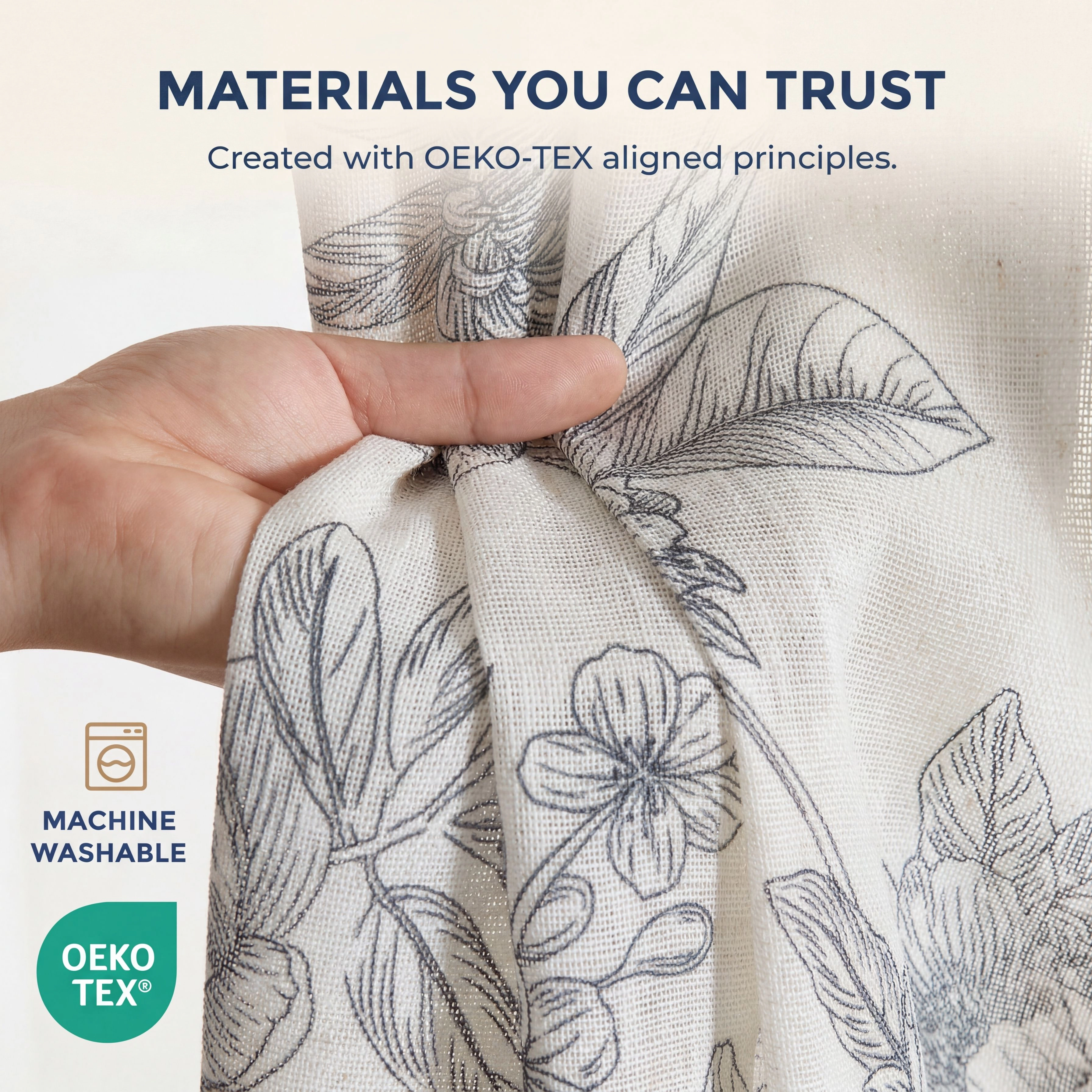HLC.ME Brookville Linen Floral Print Patterned Curtains - Back Tab Pocket Window Flower Panels, Set of 2