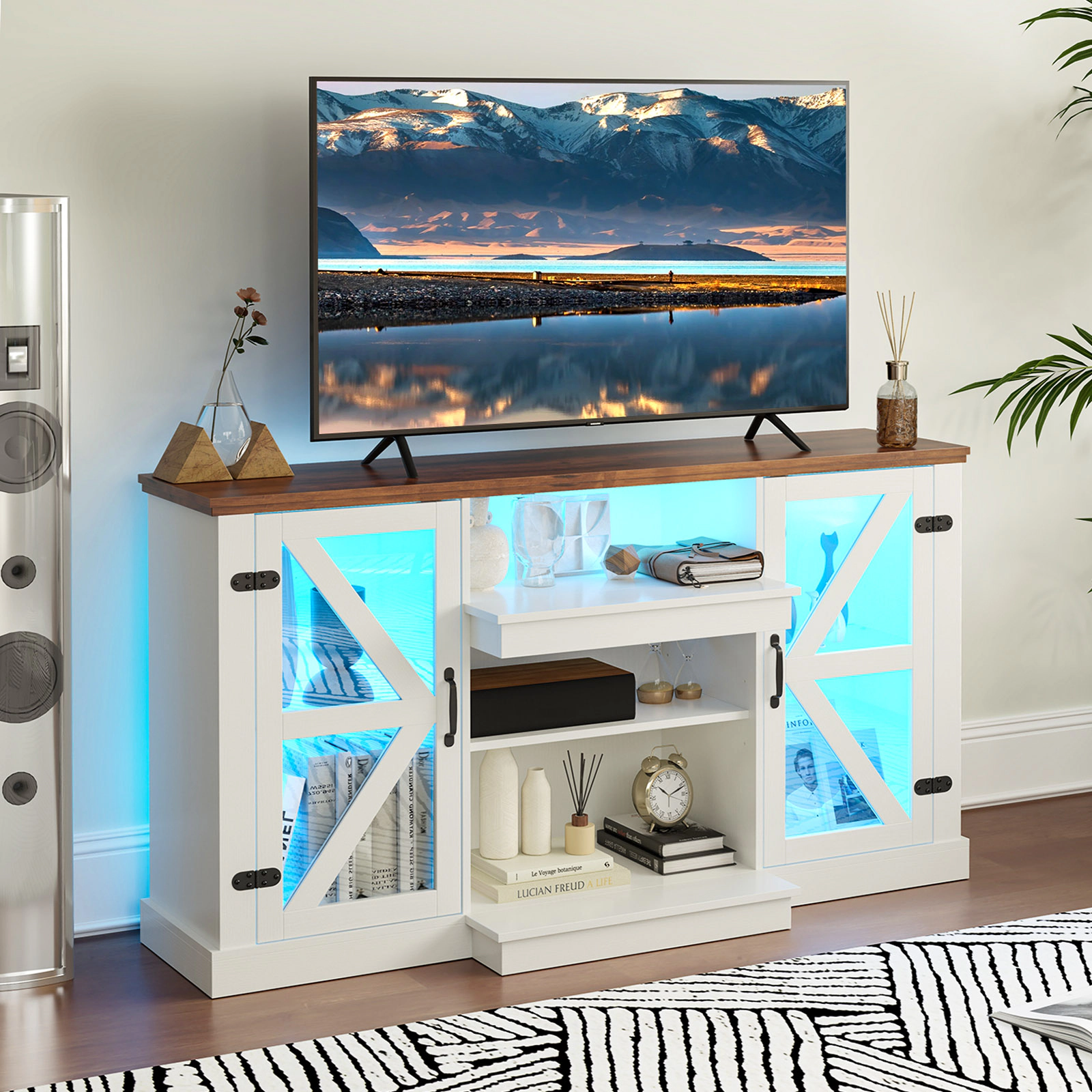 SUGIFT 59-in White TV Stand for TVs up to 68-in, LED Lighting and Glass Cabinets