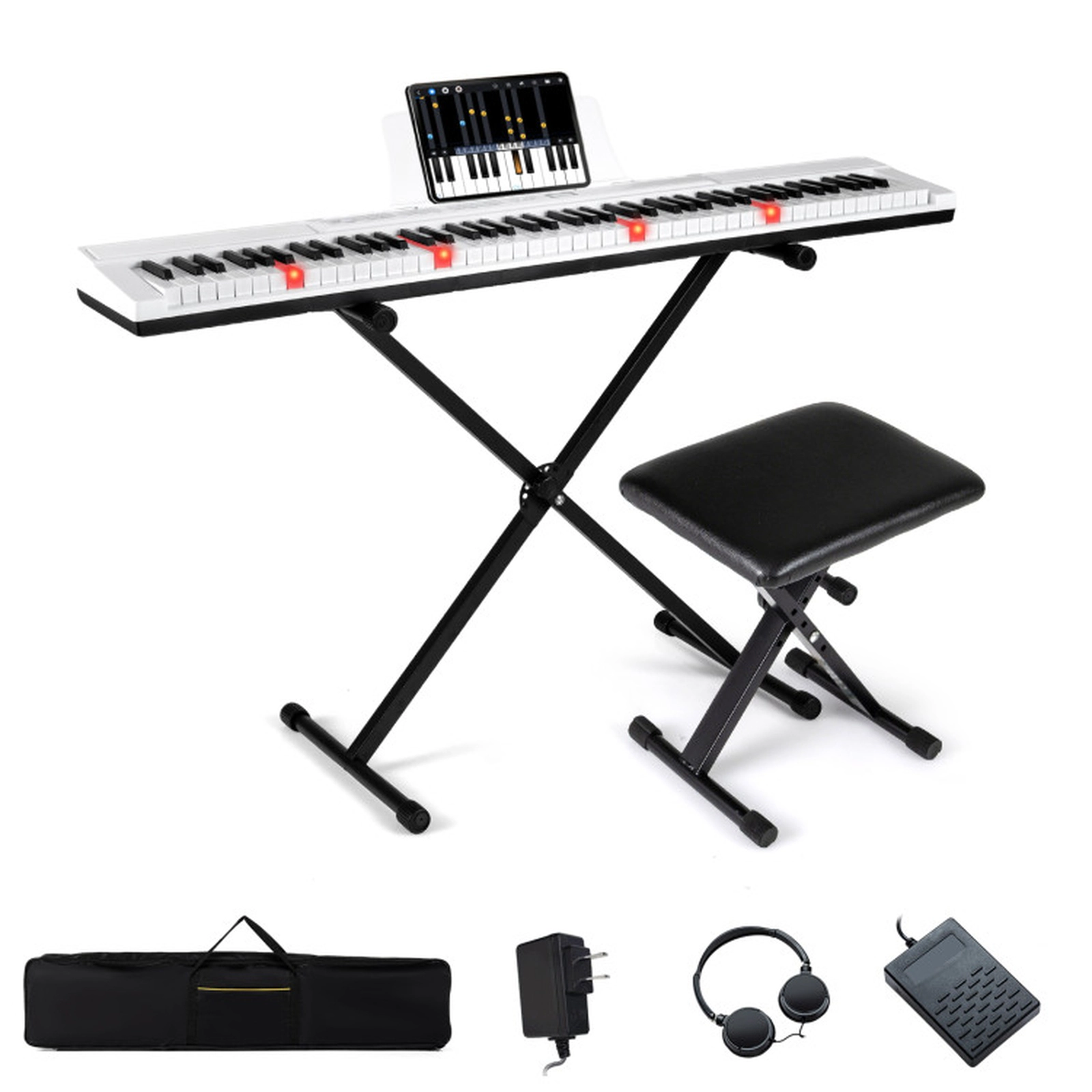 SUGIFT 88-Key Electric Piano Keyboard with Adjustable Height Stand, Stool and Portable Bag White