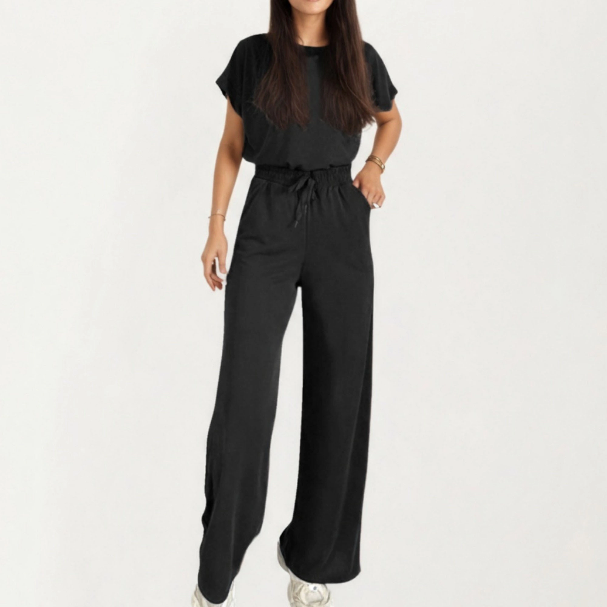 Anna-Kaci Womens Short Sleeve Two-Piece Lounge Set with Wide Leg Drawstring Pants