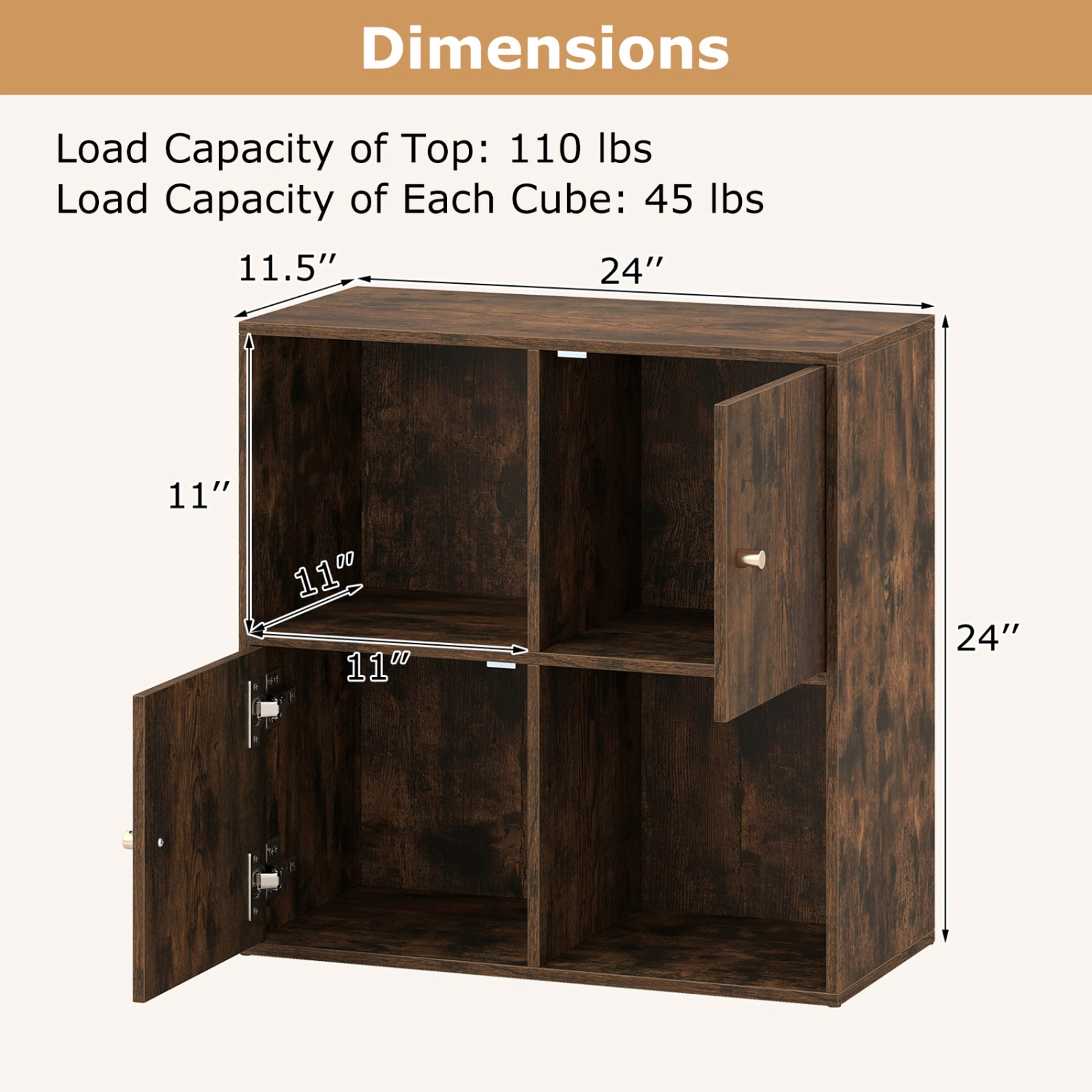 SUGIFT 4-Cube 3-Tier Bookcase with Dual Anti-Tipping Kits and 2 Cabinets 110-lb Top Capacity 45-lb Cube Capacity Brown