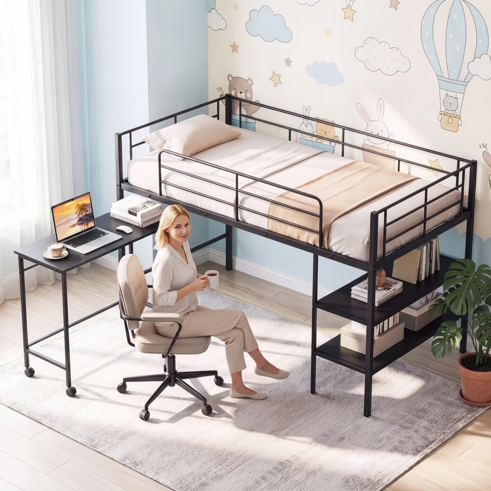 SUGIFT Twin Loft Bed with Rolling Desk and Bookshelf, Black Metal and Wood Frame