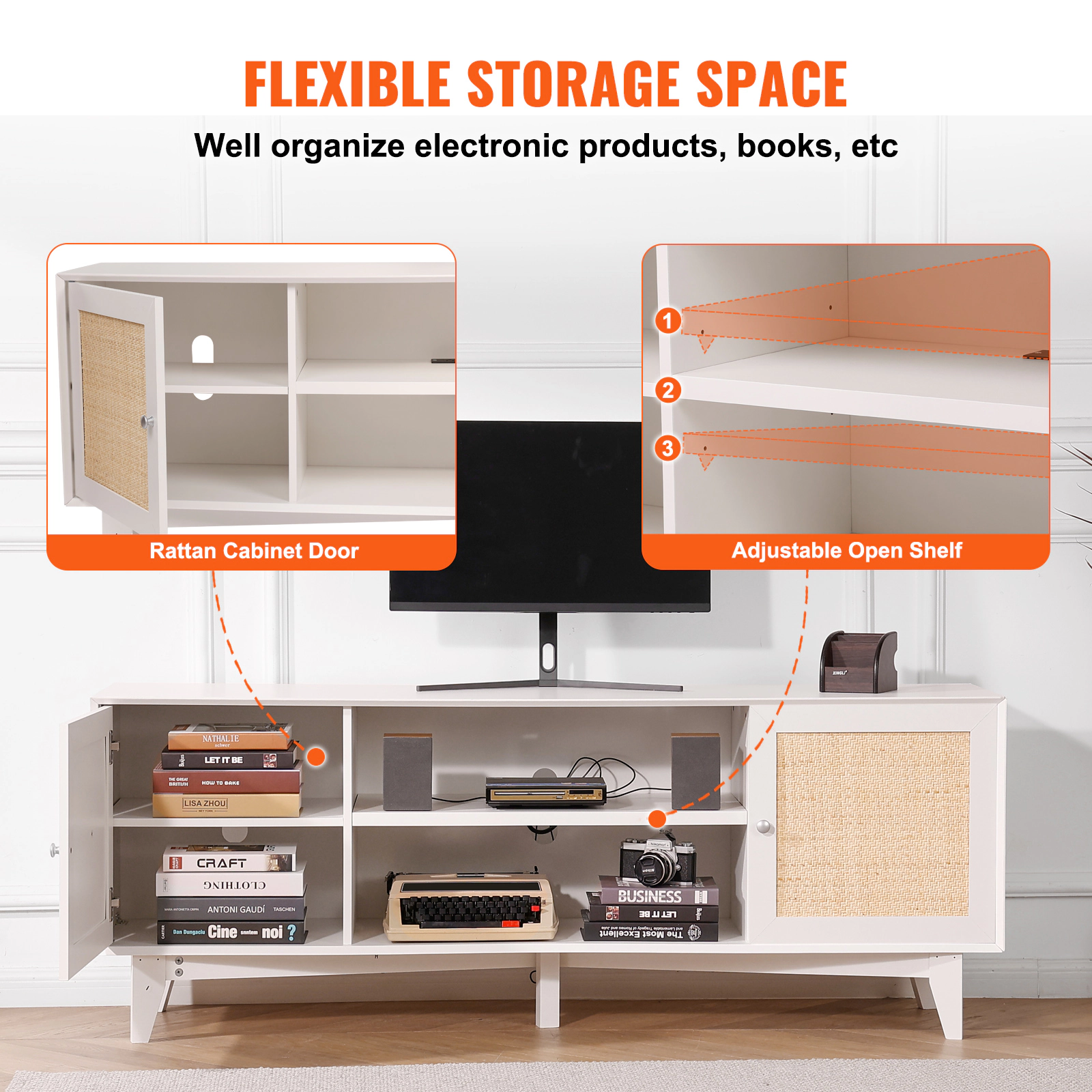 HONGGE Rattan TV Stand for TV Boho TV Stand with Rattan with Build-in Socket Modern TV for Living Room Media Room