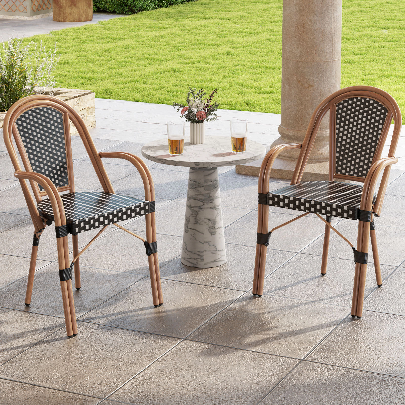 SUGIFT Hand-Woven PE Wicker Outdoor French Bistro Dining Chairs Set of 2 400-lb Capacity Black and White