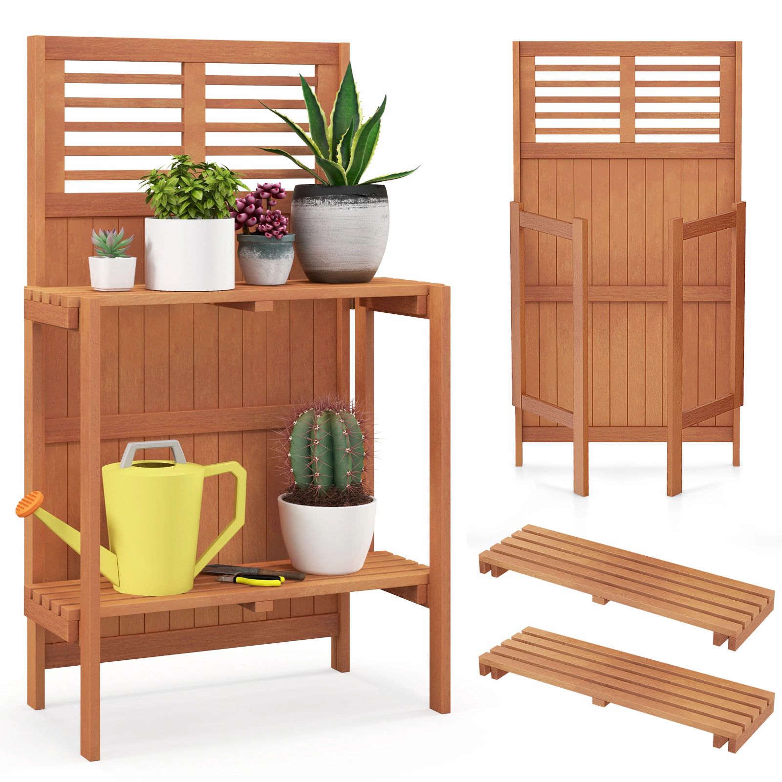 SUGIFT Folding Garden Potting Bench Outdoor Planter Table with 2-Tier Shelves 33-lb Capacity Natural