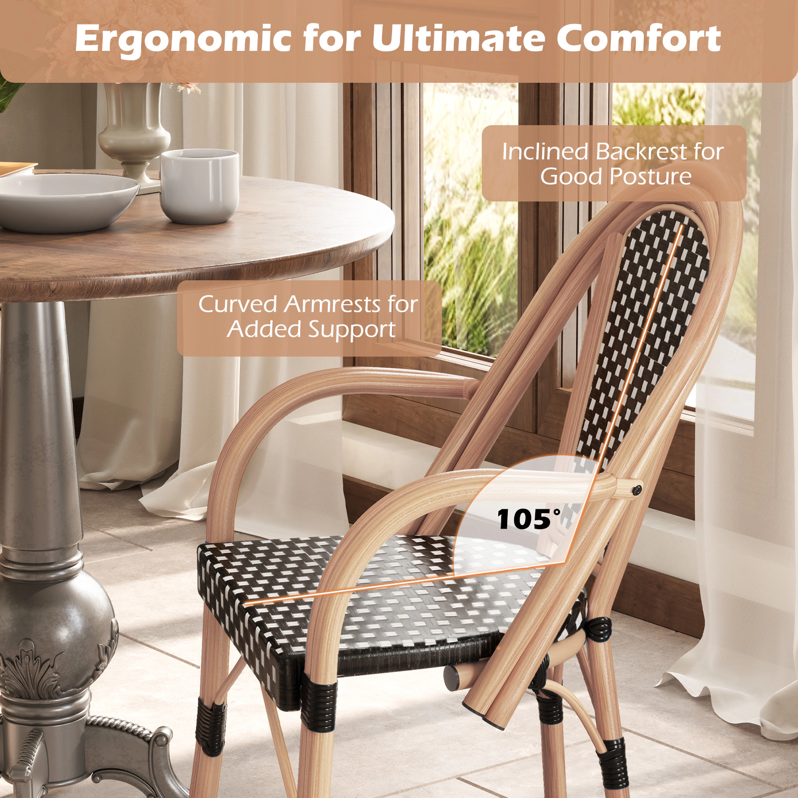 SUGIFT Hand-Woven PE Wicker Outdoor French Bistro Dining Chairs Set of 2 400-lb Capacity Black and White