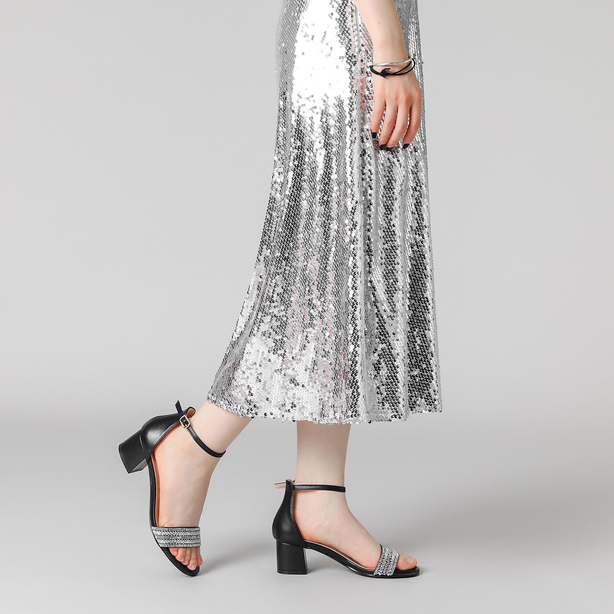 BLISSFUL STEP Women's Sparkly Rhinestone Ankle Strap Chunky Heel Sandals