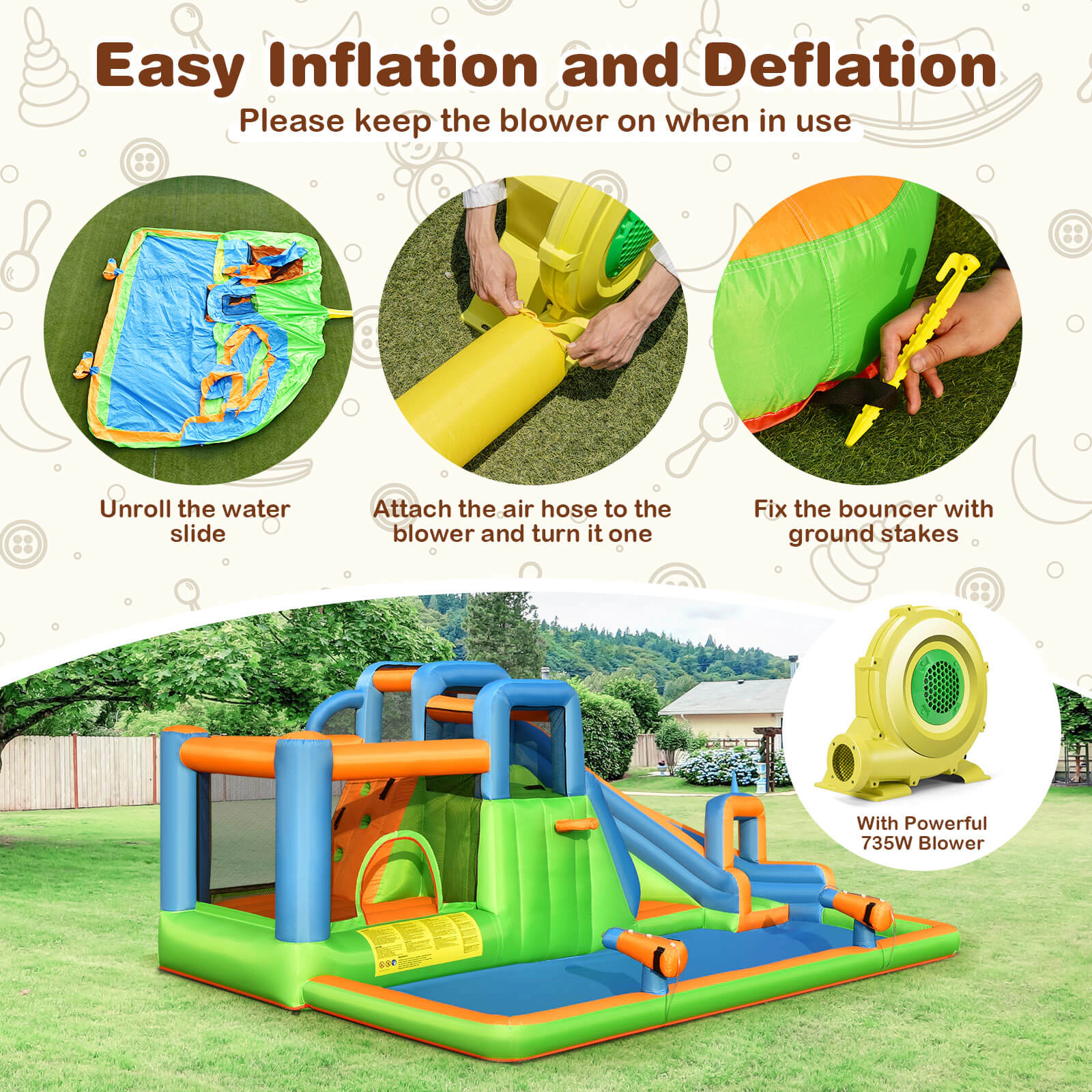 SUGIFT Dual Climbing Walls and 735W Blower 7-in-1 Kids Inflatable Giant Water Park