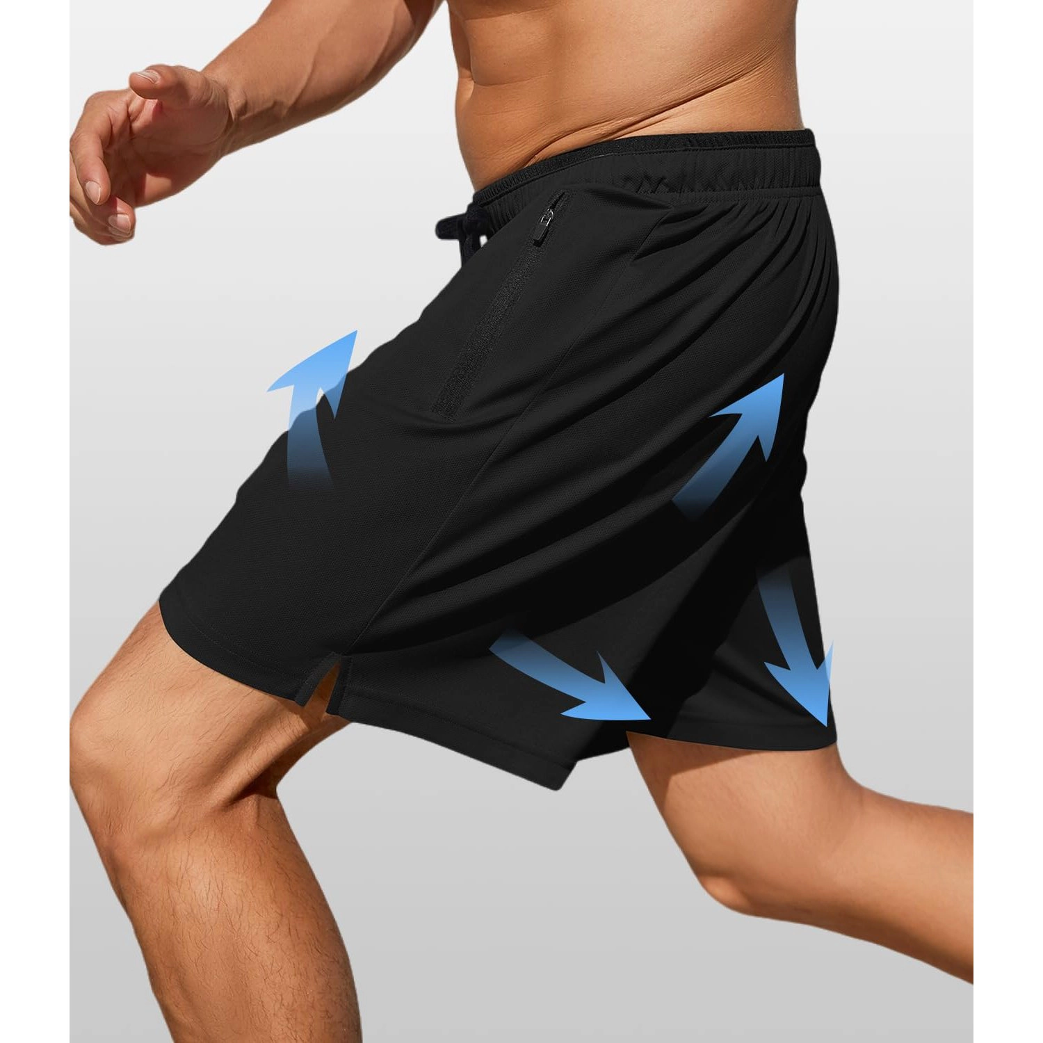 Pinspark Mens Solid Workout Shorts Elastic Waist Drawstring Zip Pockets Gym Shorts