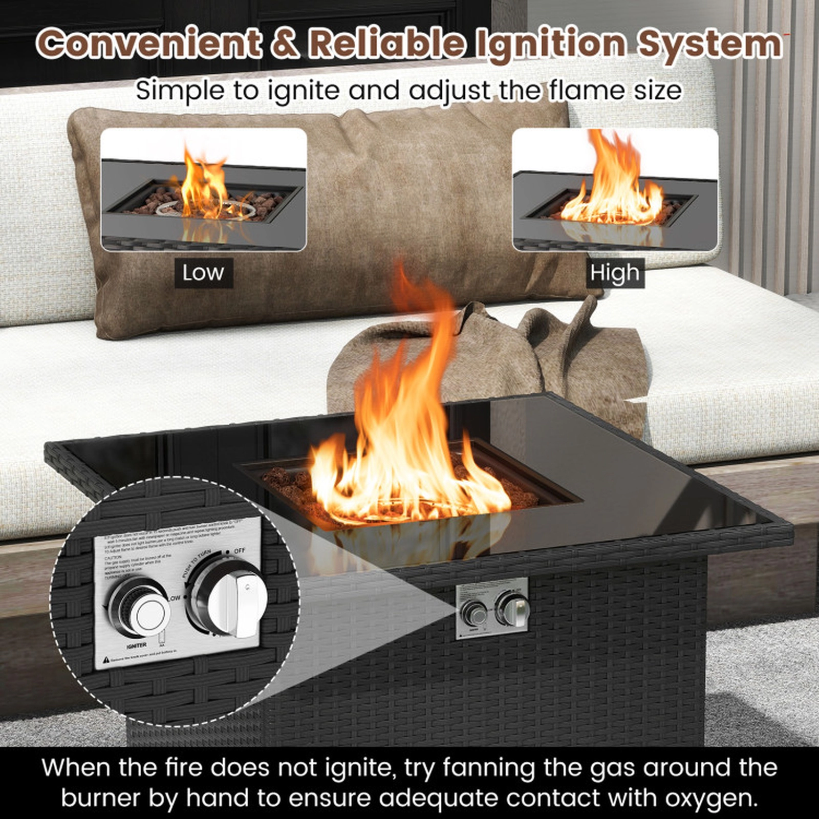 SUGIFT 32.5-Inch 50,000 BTU Propane Fire Pit Table, Tempered Glass, PE Rattan, Tank Door