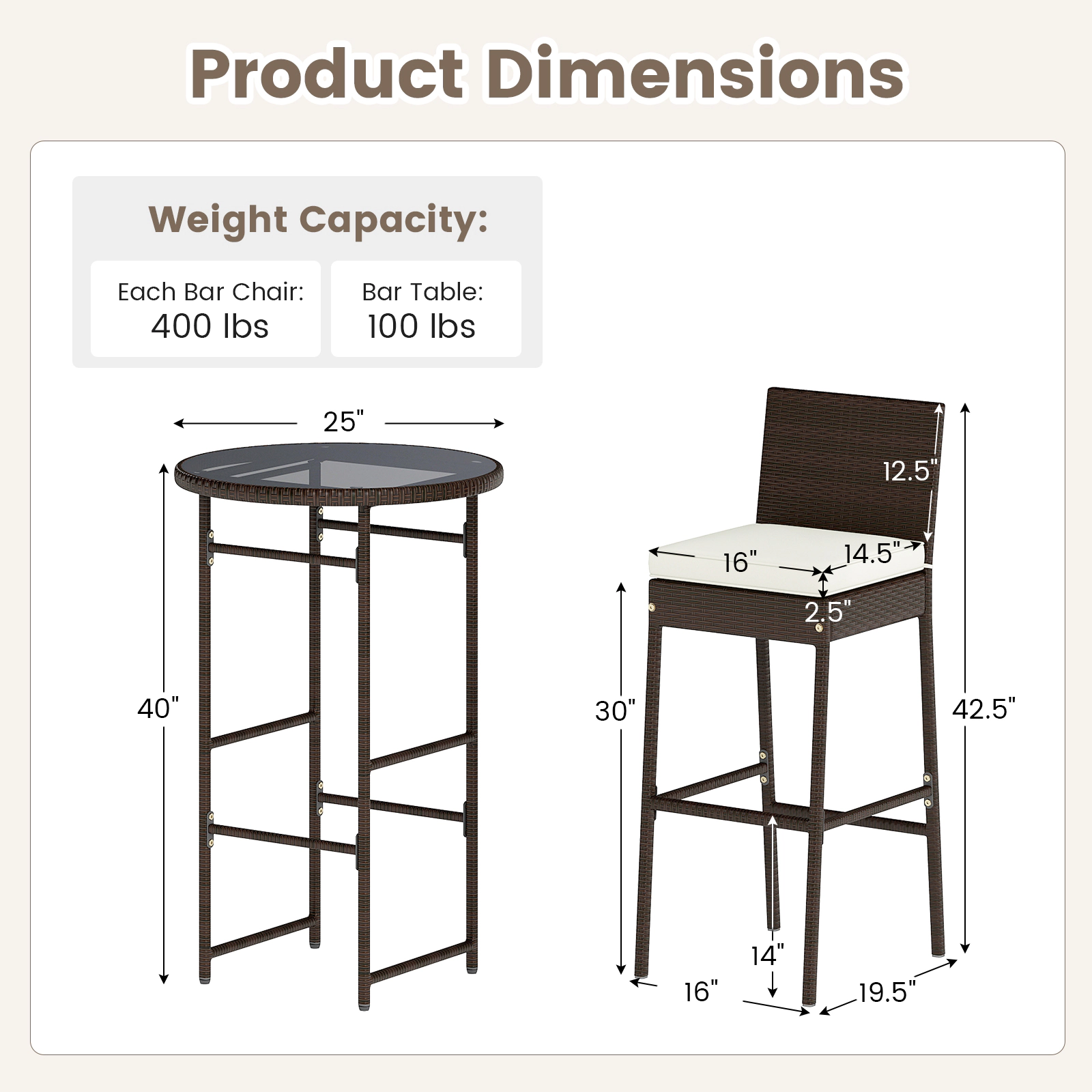 LJG 3 Piece Outdoor Bar Set Patio Heavy-Duty Metal Barstool and Table Set