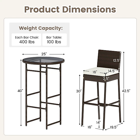 LJG 3 Piece Outdoor Bar Set Patio Heavy-Duty Metal Barstool and Table Set