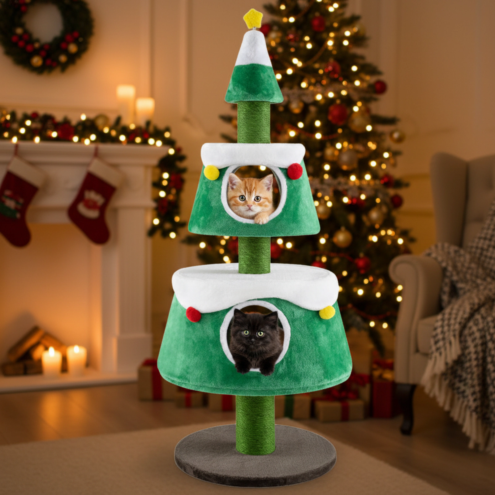 SUGIFT Green 60 in Christmas Cat Tree Holiday Tower with 2 Spacious Condos