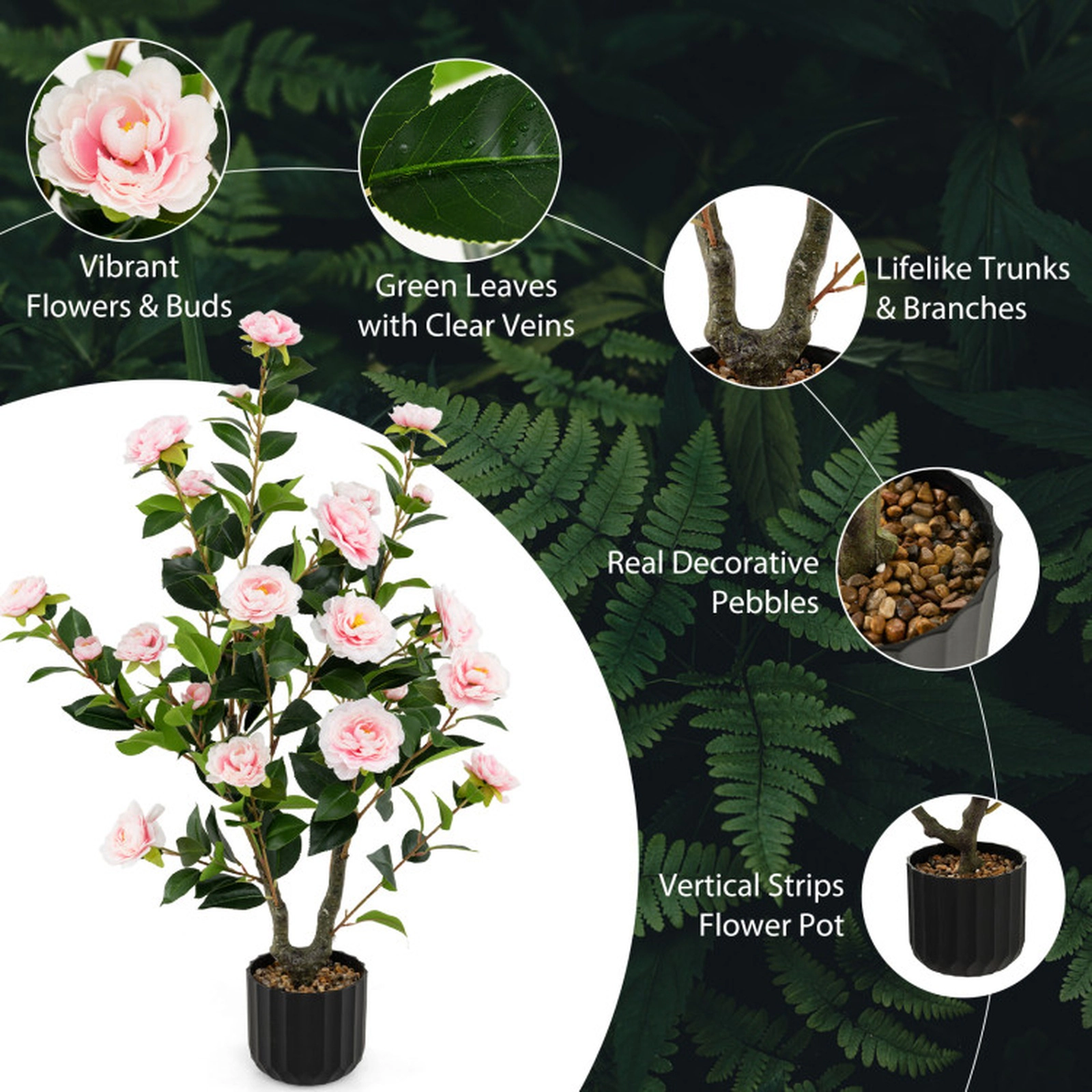 SUGIFT Set of 2 38-in 24 Blossoms 186 Leaves Pebble Topped Artificial Camellia Trees 6-in x 5.5-in Pot 11.5-lb Pink