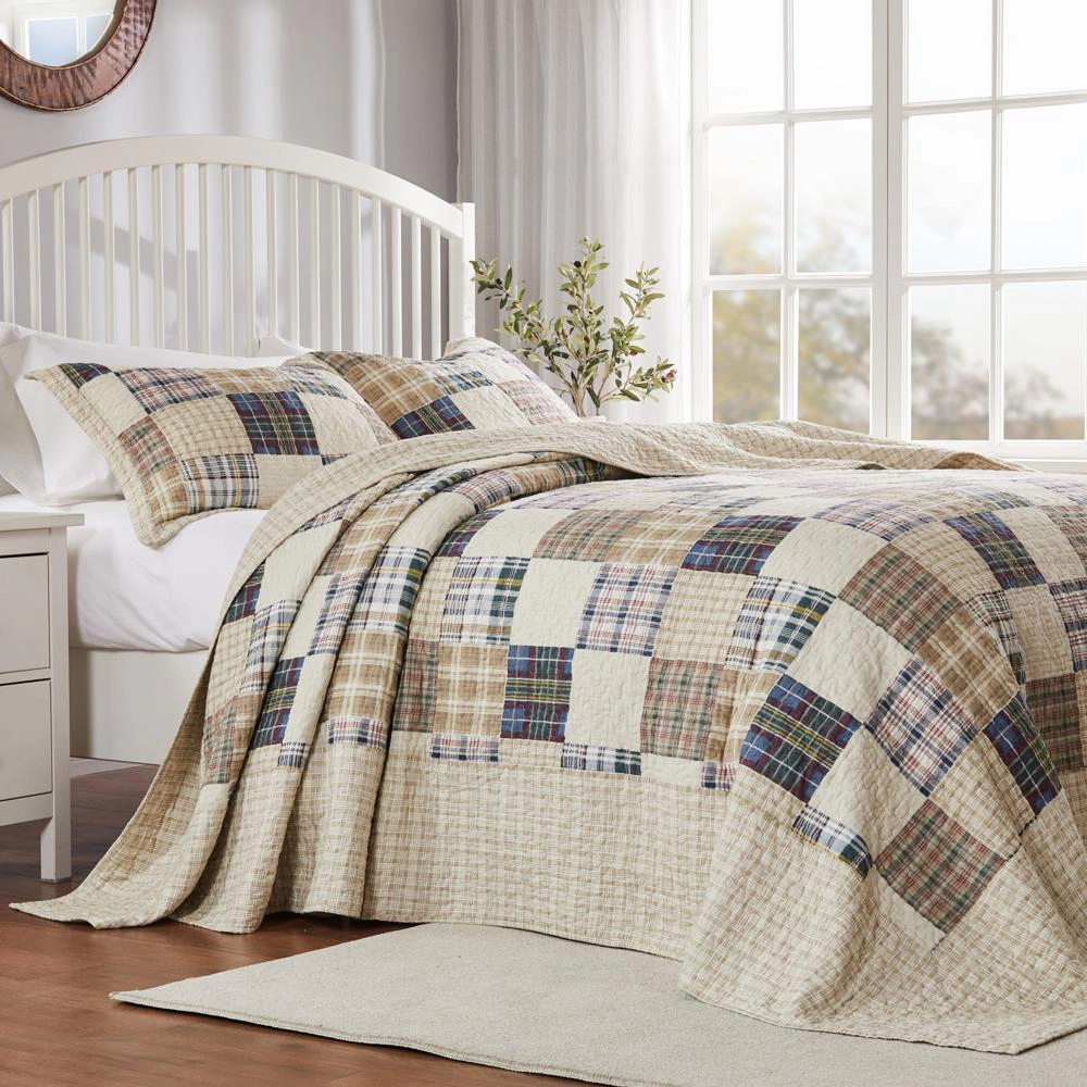 Greenland Home Fashions Oxford Plaid Cotton Jumbo Sized Floor Length Coverage Bedspread Set