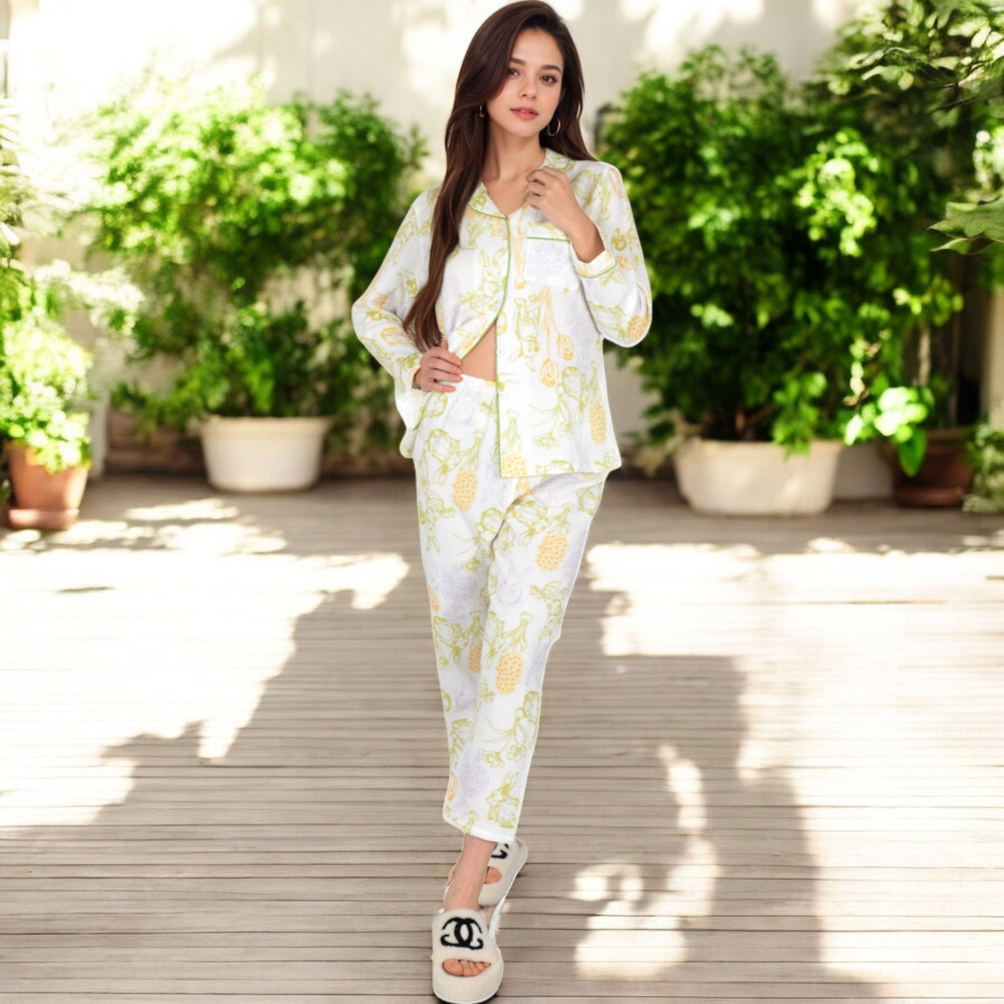 Anna-Kaci Women's Printed Gauze Pajama Set with Button Up Shirt and Relaxed Fit Pants