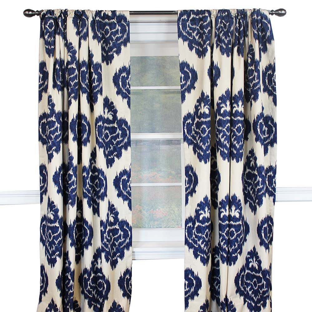 RLF Home Flame Large Damask Flame Design Pair Of Lined Panels 3" Rod Pocket (Pair) 100" x 63" Navy Blue/Ivory