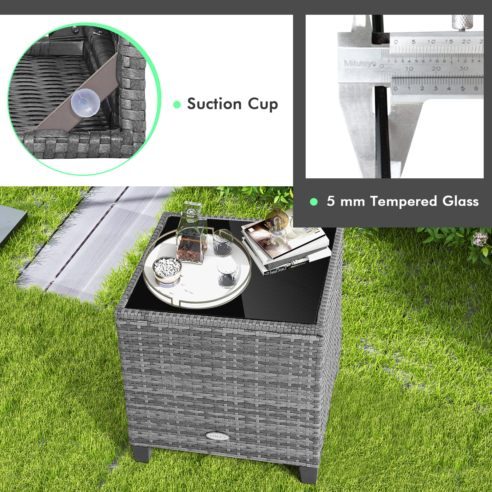 SUGIFT 3-Piece Gray Rattan Balcony Lounge Set with Cushioned Chairs and Glass Table