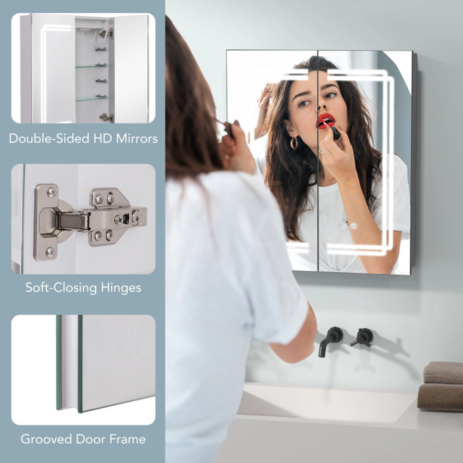 SUGIFT White 2-Door Anti-Fog Bathroom Mirror Medicine Cabinet with Dimmable Lights and Adjustable Glass Shelves
