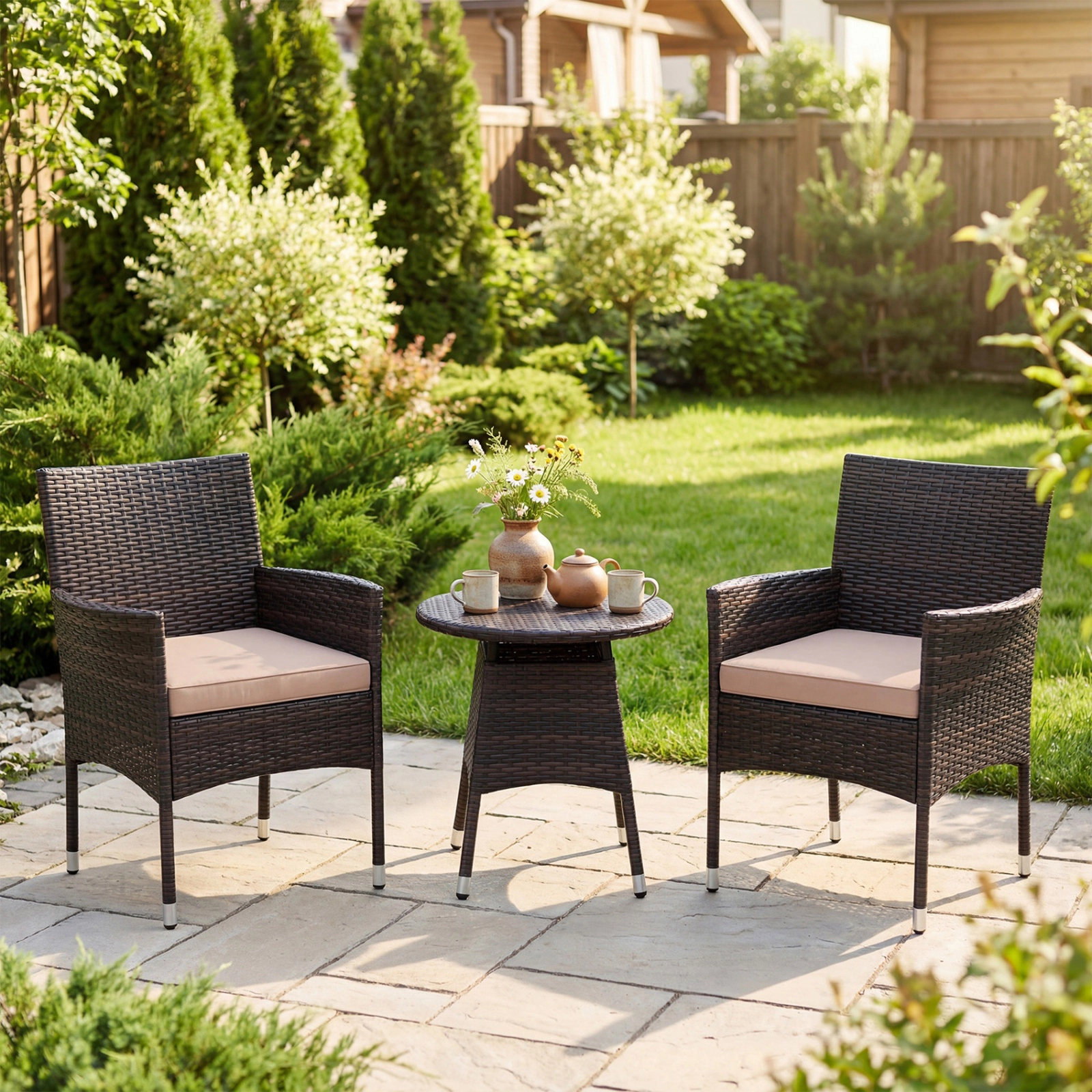 SUGIFT 3-Piece Brown PE Wicker Patio Bistro Set, Reclining Chairs and Round Side Table