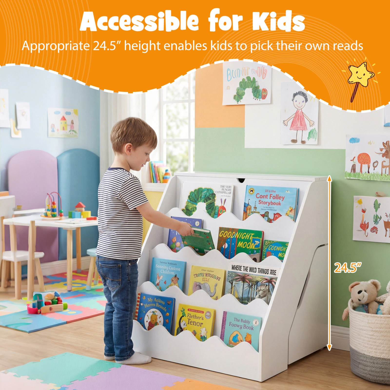 SUGIFT 2-in-1 24.5-in Kids Bookshelf and Rolling Toy Storage Organizer with Flip-Top Compartment and Drawer
