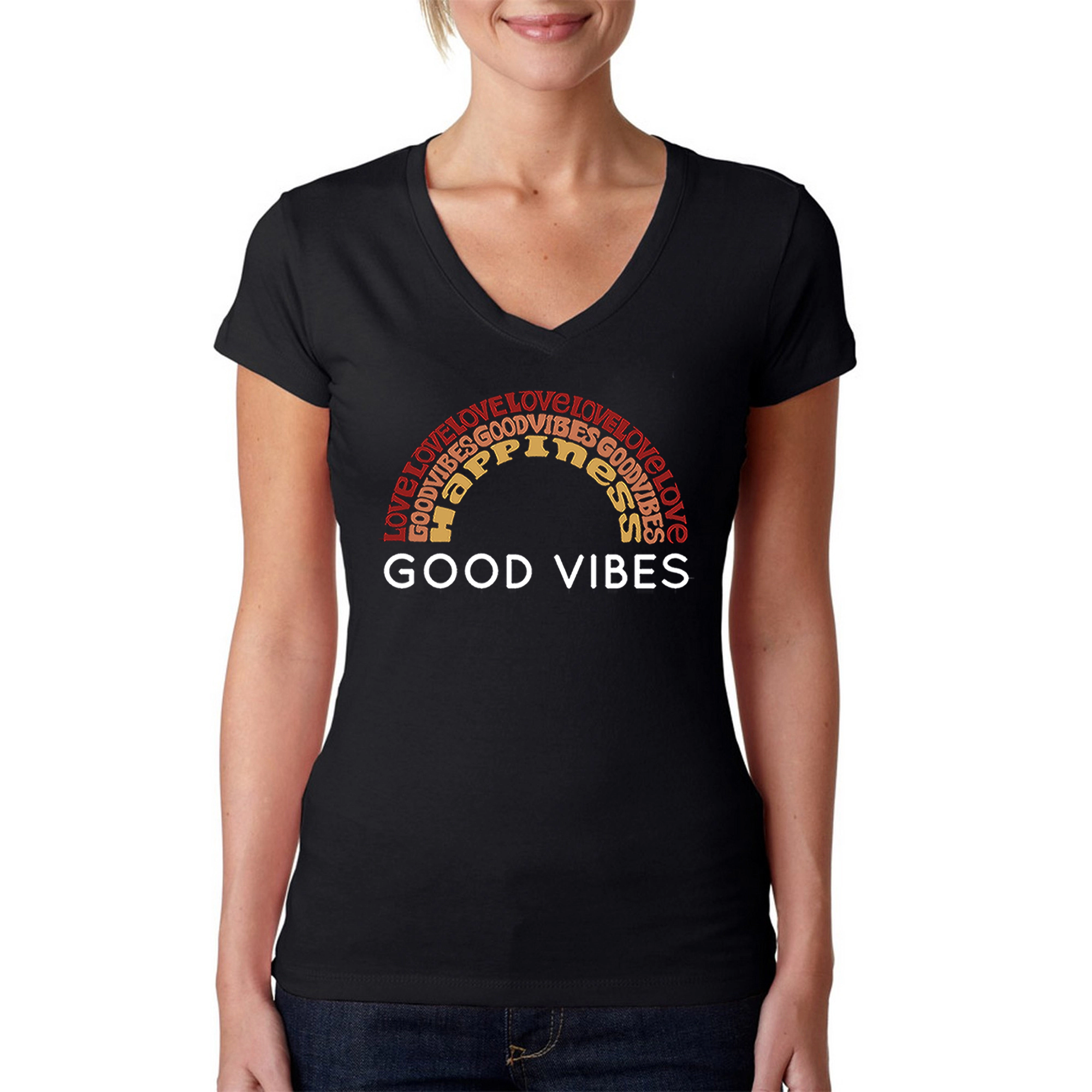 LA Pop Art Womens Word V-Neck T-Shirt - Good Vibes