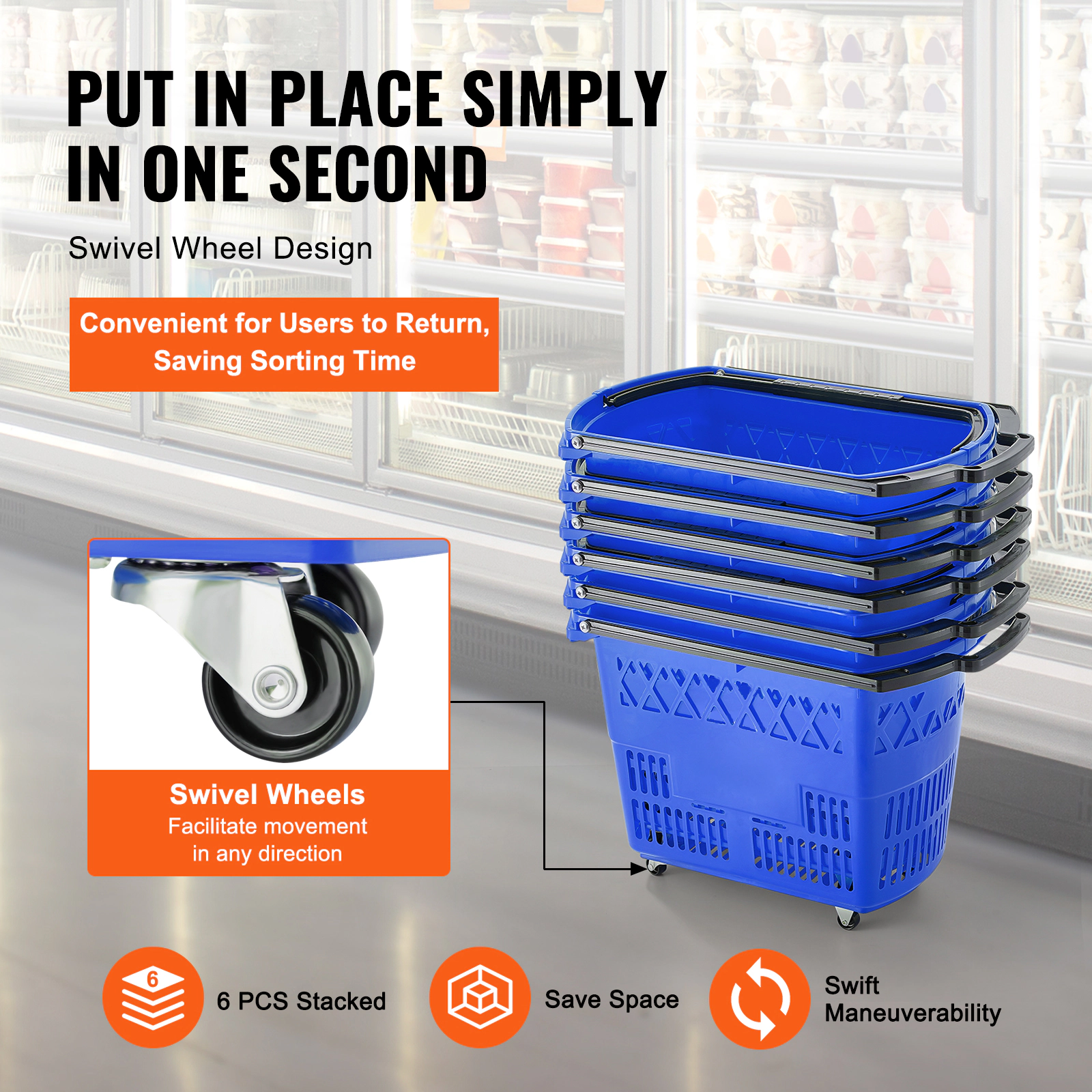 HONGGE Shopping Baskets 6PCS 39L Carts with Handles Plastic Rolling Basket Wheels Large Portable