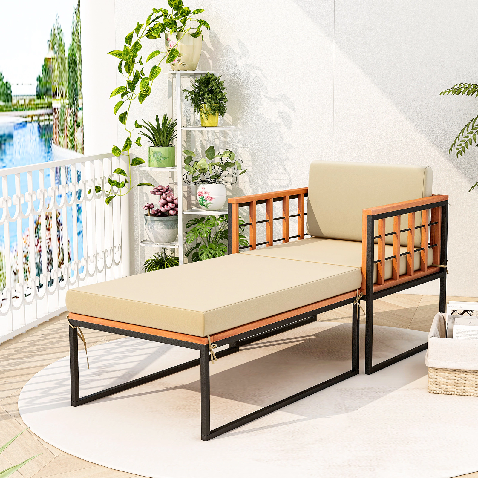 SUGIFT Patio Acacia Wood Armchair with Long Ottoman and Beige Seat Back Cushions