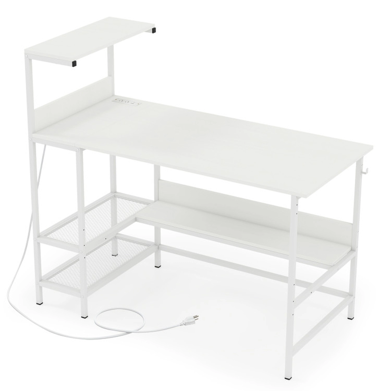 SUGIFT 48-Inch White Computer Desk with Outlets, USB, Type-C, Shelves and Reversible Setup