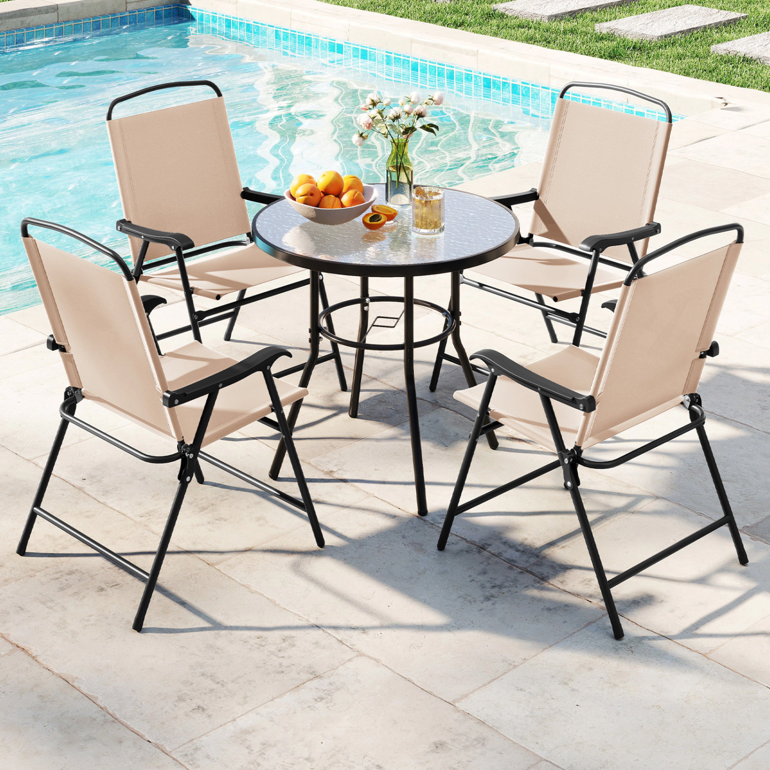 LJG 6 Pieces Patio Dining Set with Umbrella and 4 Folding Armchairs