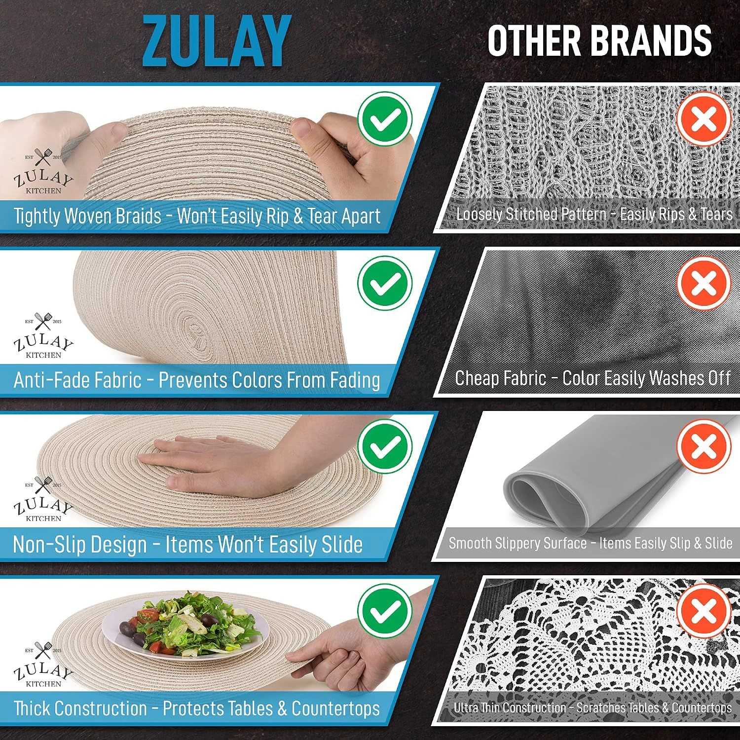 Zulay Kitchen 15 Inch Round Placemats for Dining Table Set of 6 - Braided & Anti-Skid Placemat