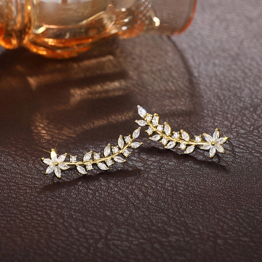 Floral Leaf Cubic Zirconia Ear Climber Hook Earrings